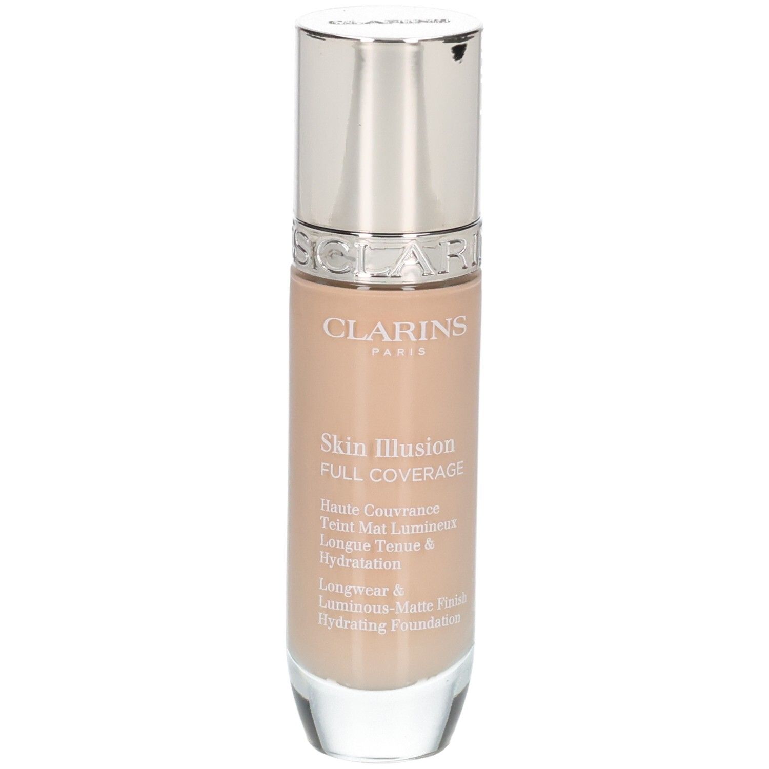 Clarins Skin Illusion Full Coverage Foundation, flacon avec bouchon argenté, teinte 107C.