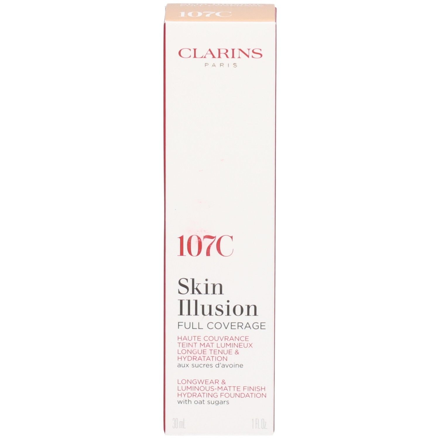 Boîte de Clarins Skin Illusion Full Coverage Foundation, teinte 107C.