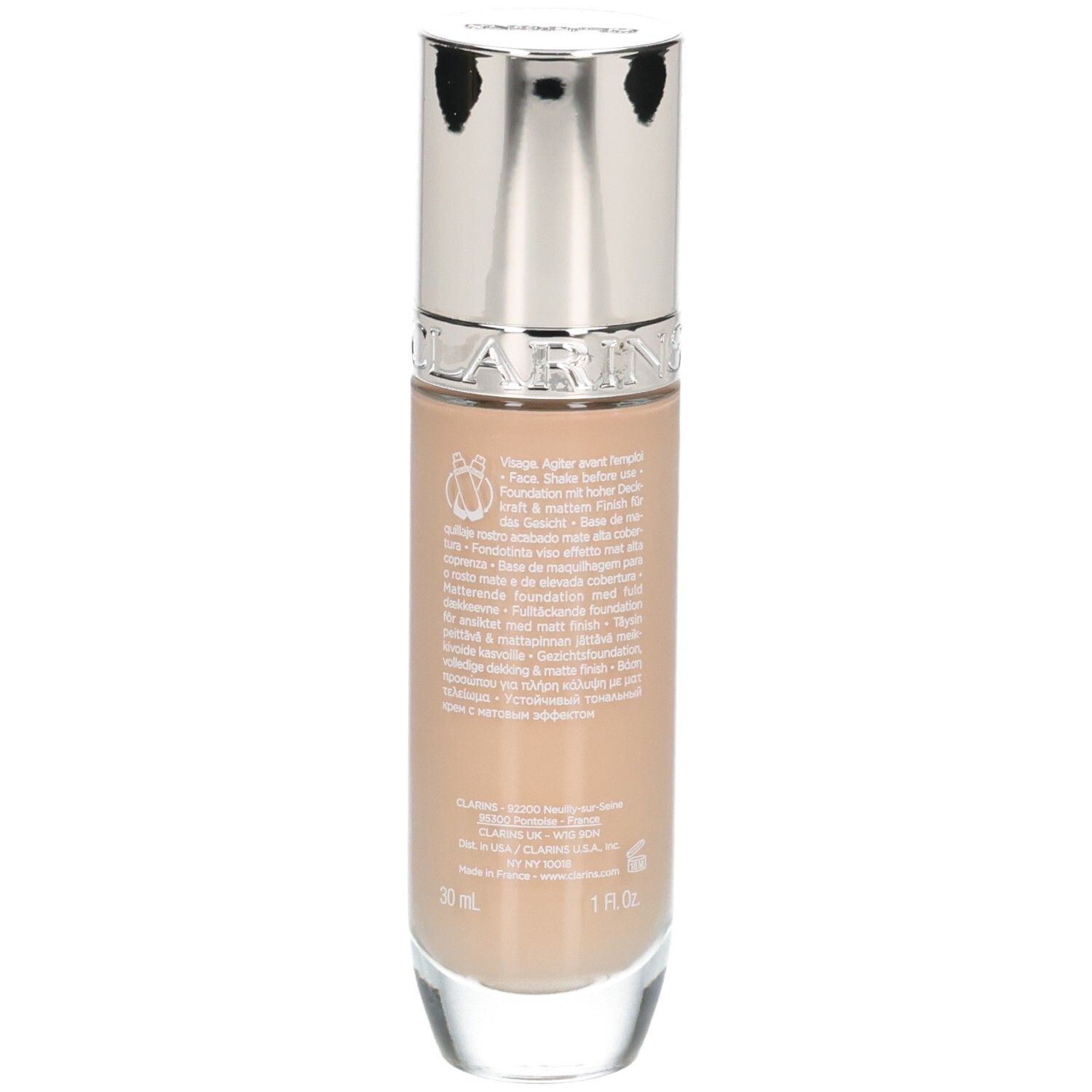 Fond de teint Clarins Skin Illusion Full Coverage, arrière du flacon avec texte, teinte 108.3N.