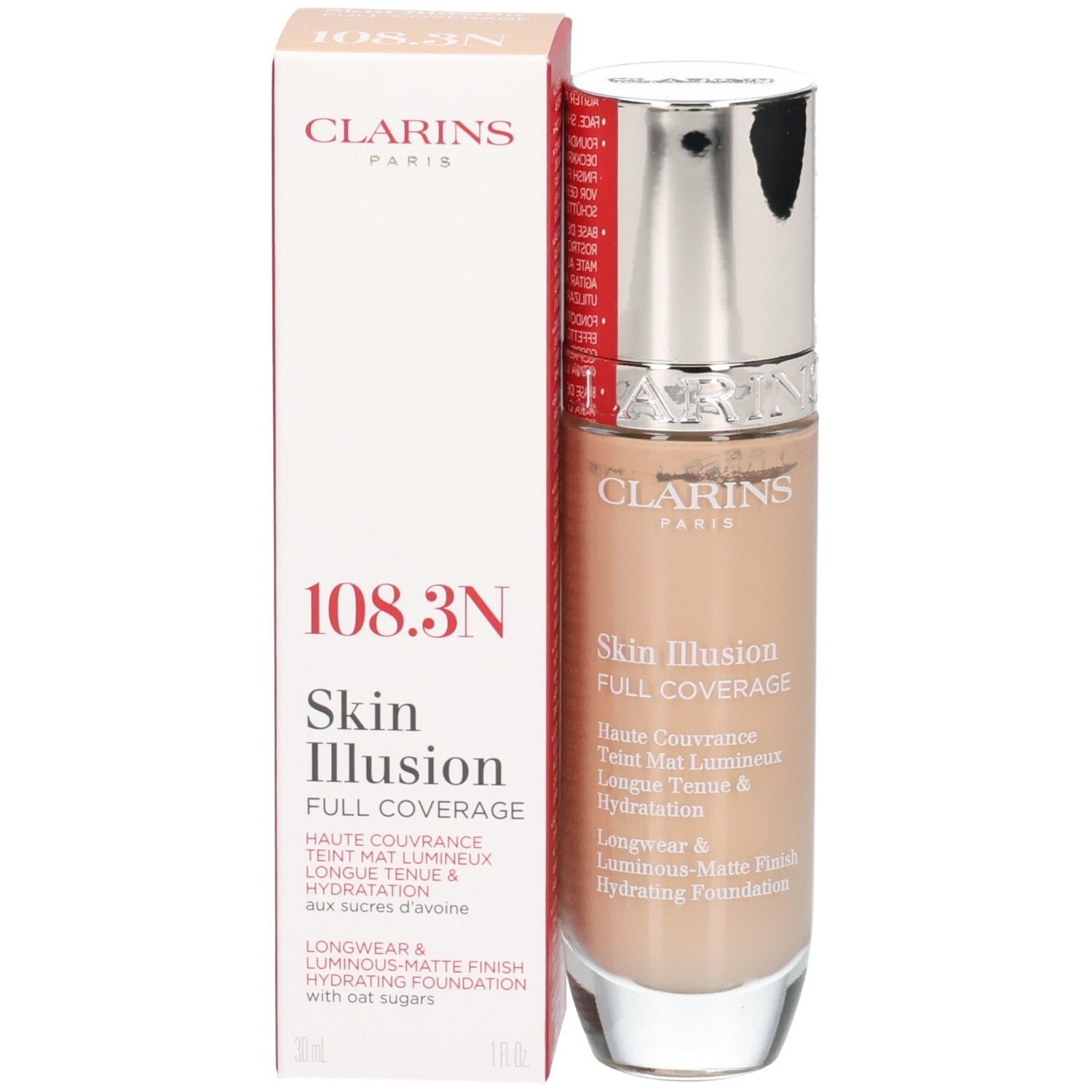 Fond de teint Clarins Skin Illusion Full Coverage avec emballage, teinte 108.3N.