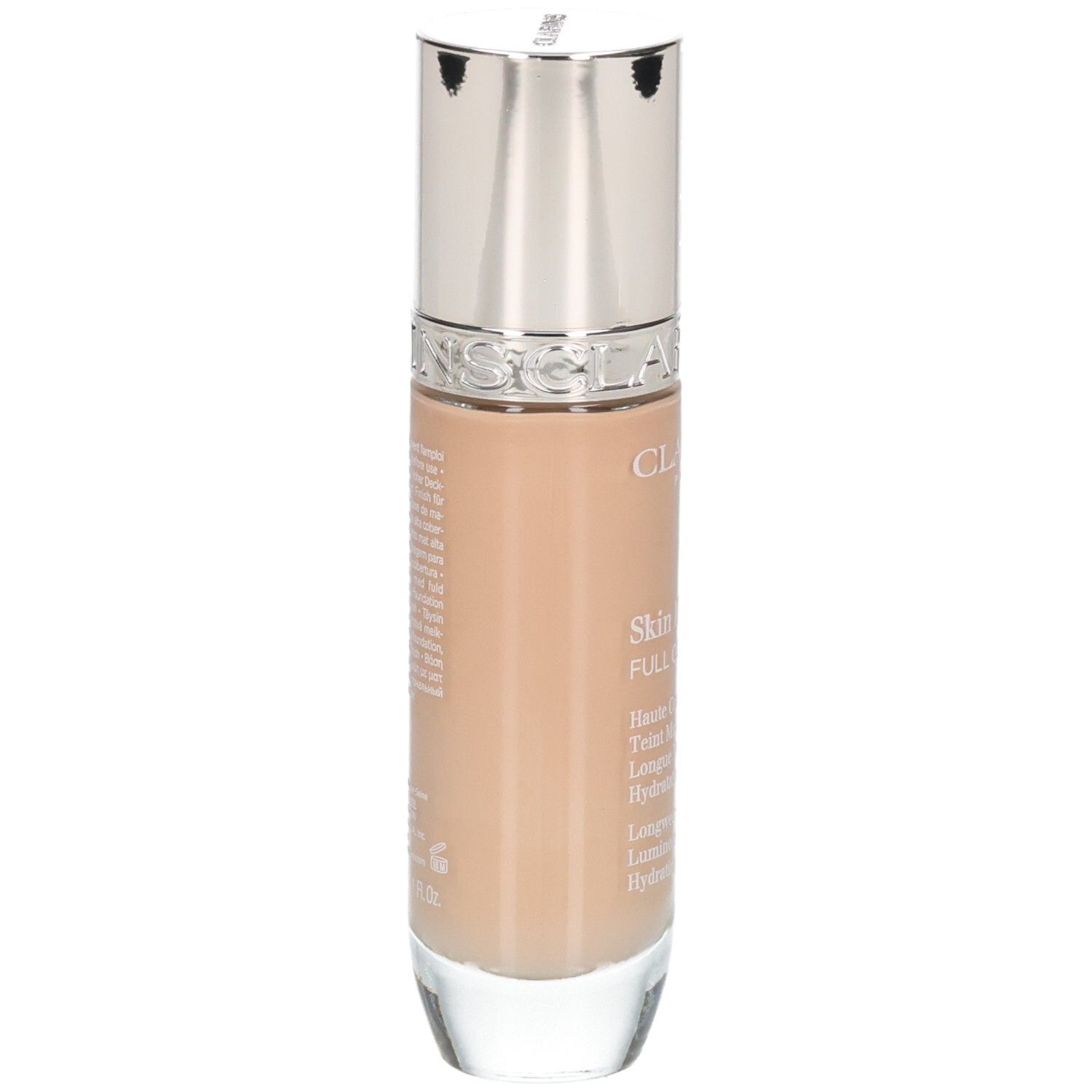 Fond de teint Clarins Skin Illusion Full Coverage, arrière de la bouteille avec informations produit.