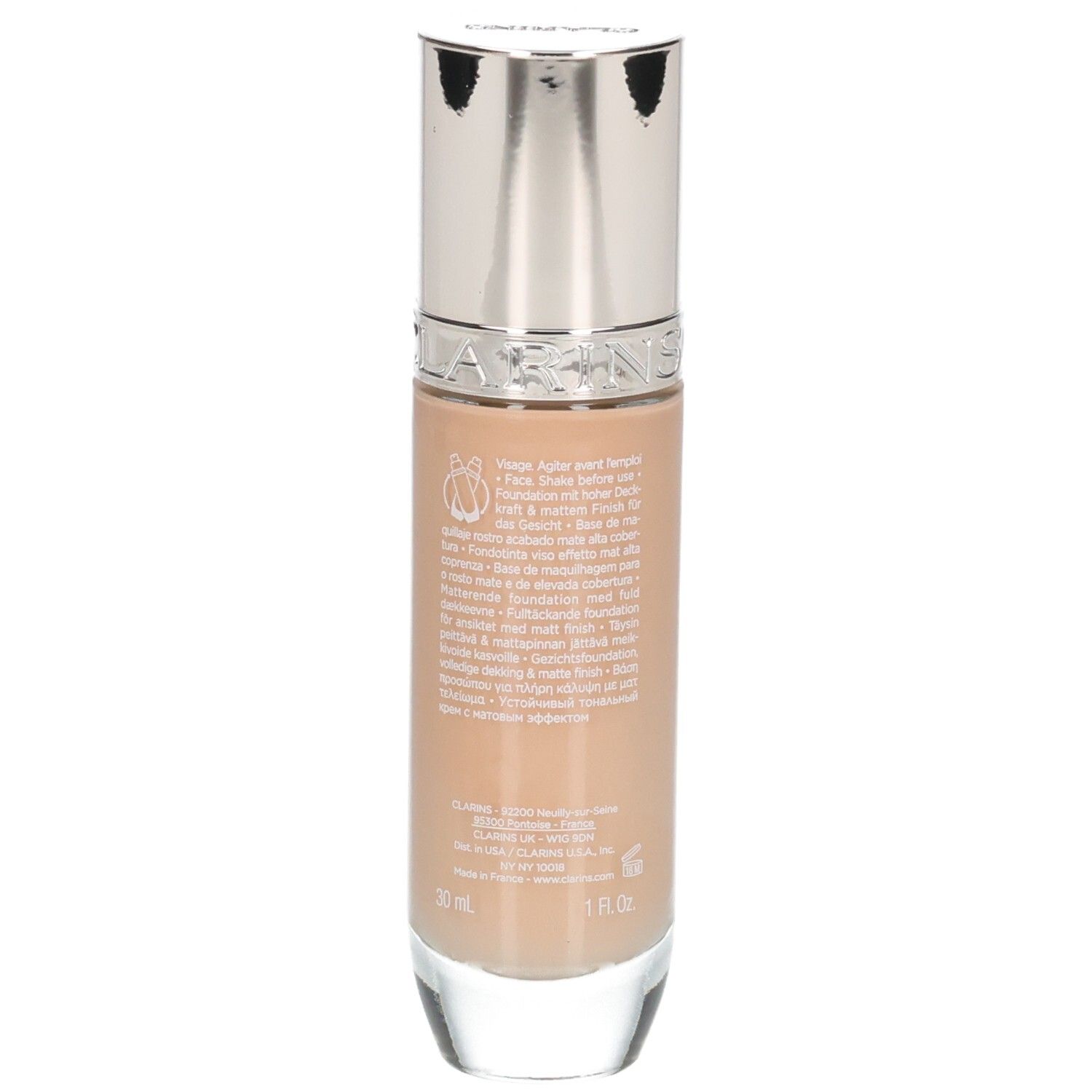 Fond de teint Clarins Skin Illusion Full Coverage, bouteille avec informations détaillées sur le produit.