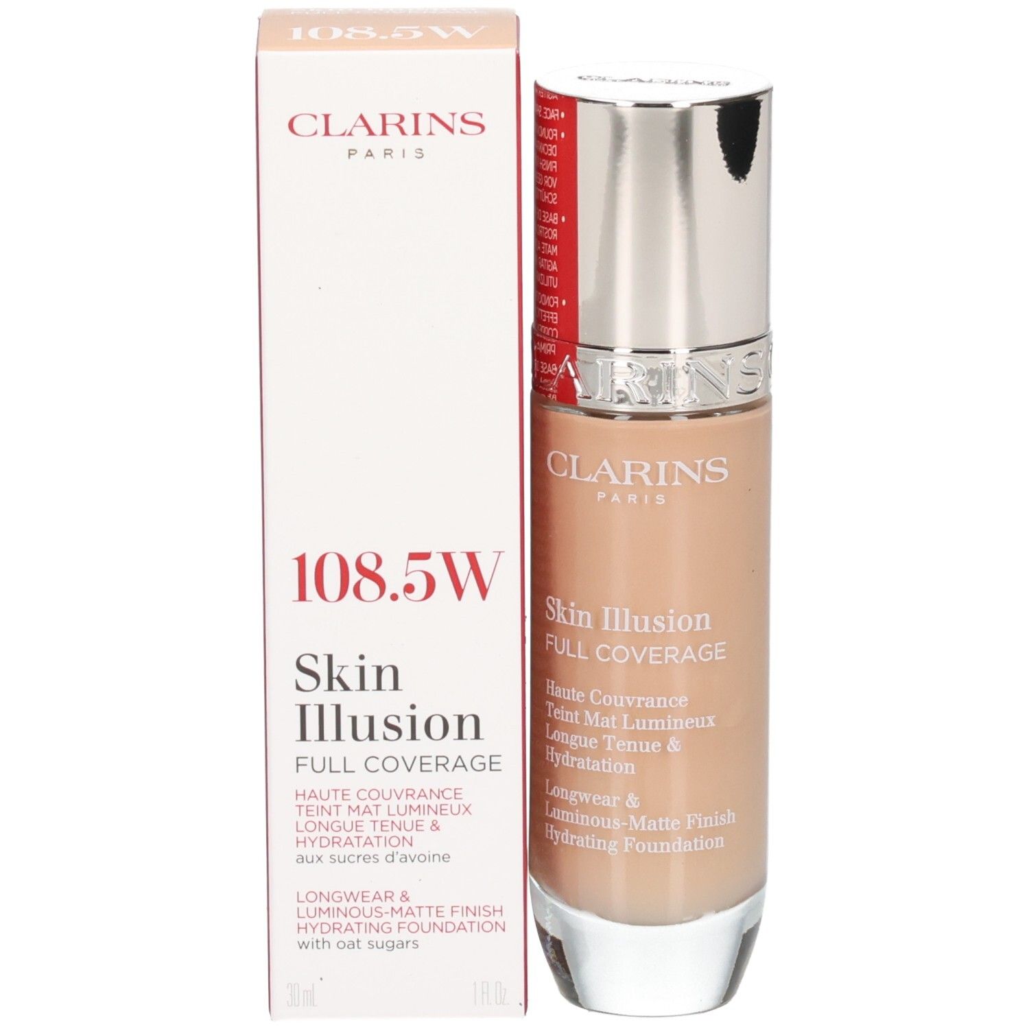 Fond de teint Clarins Skin Illusion Full Coverage, teinte 108.5, avec boîte.