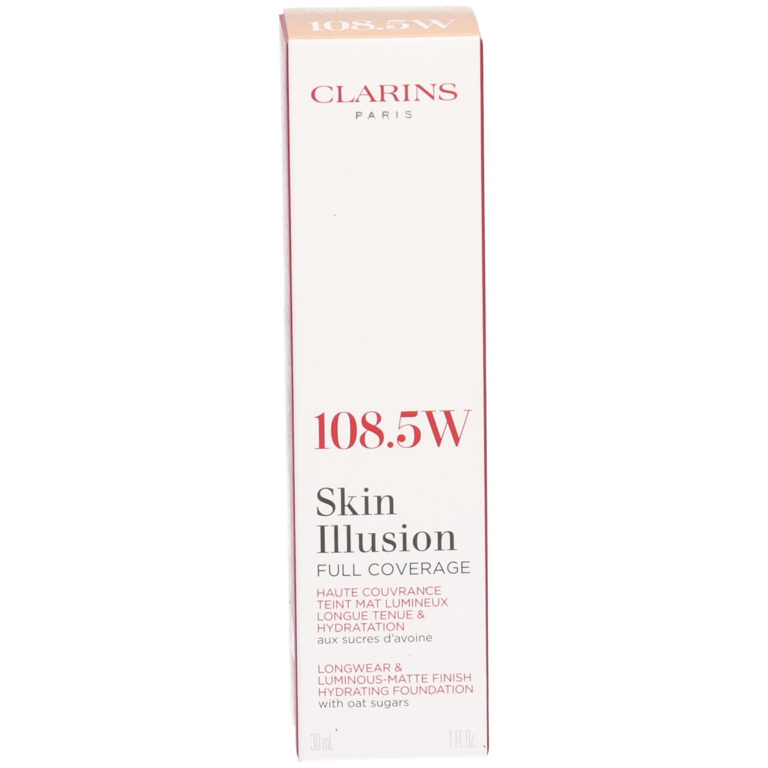 Boîte du fond de teint Clarins Skin Illusion Full Coverage, teinte 108.5.