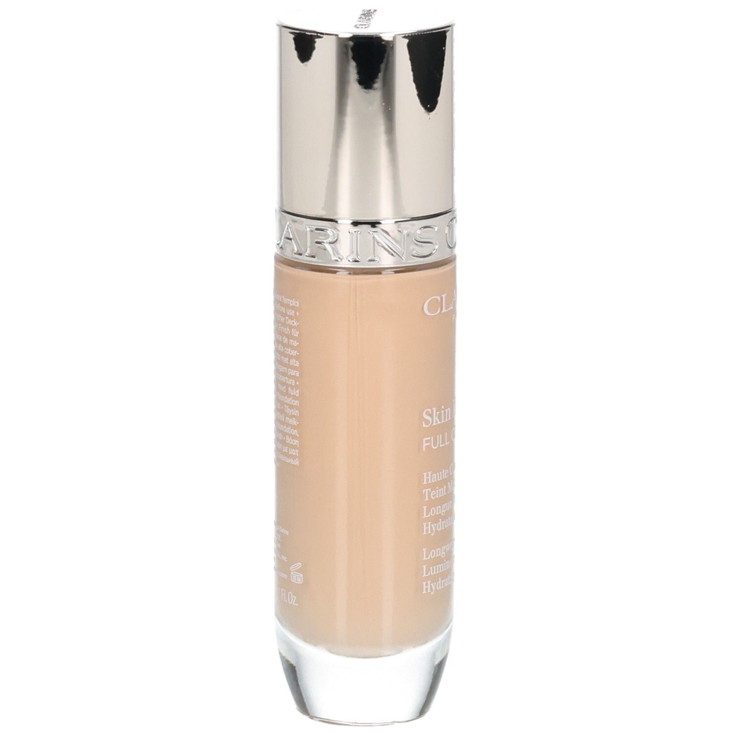 Clarins Skin Illusion Full Coverage fond de teint, vue latérale du flacon en verre avec bouchon argenté.