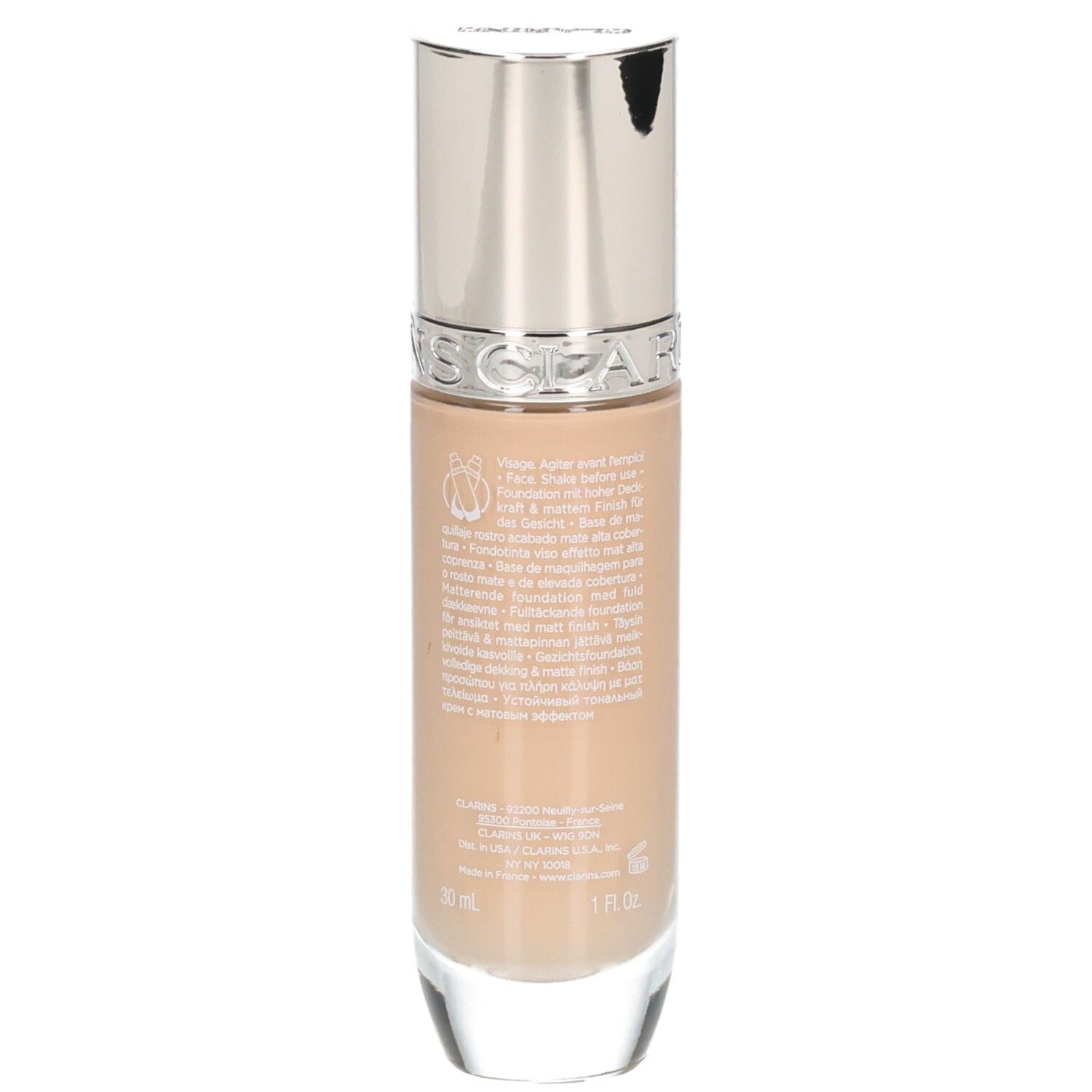 Clarins Skin Illusion Full Coverage fond de teint, arrière du flacon en verre avec informations produit.