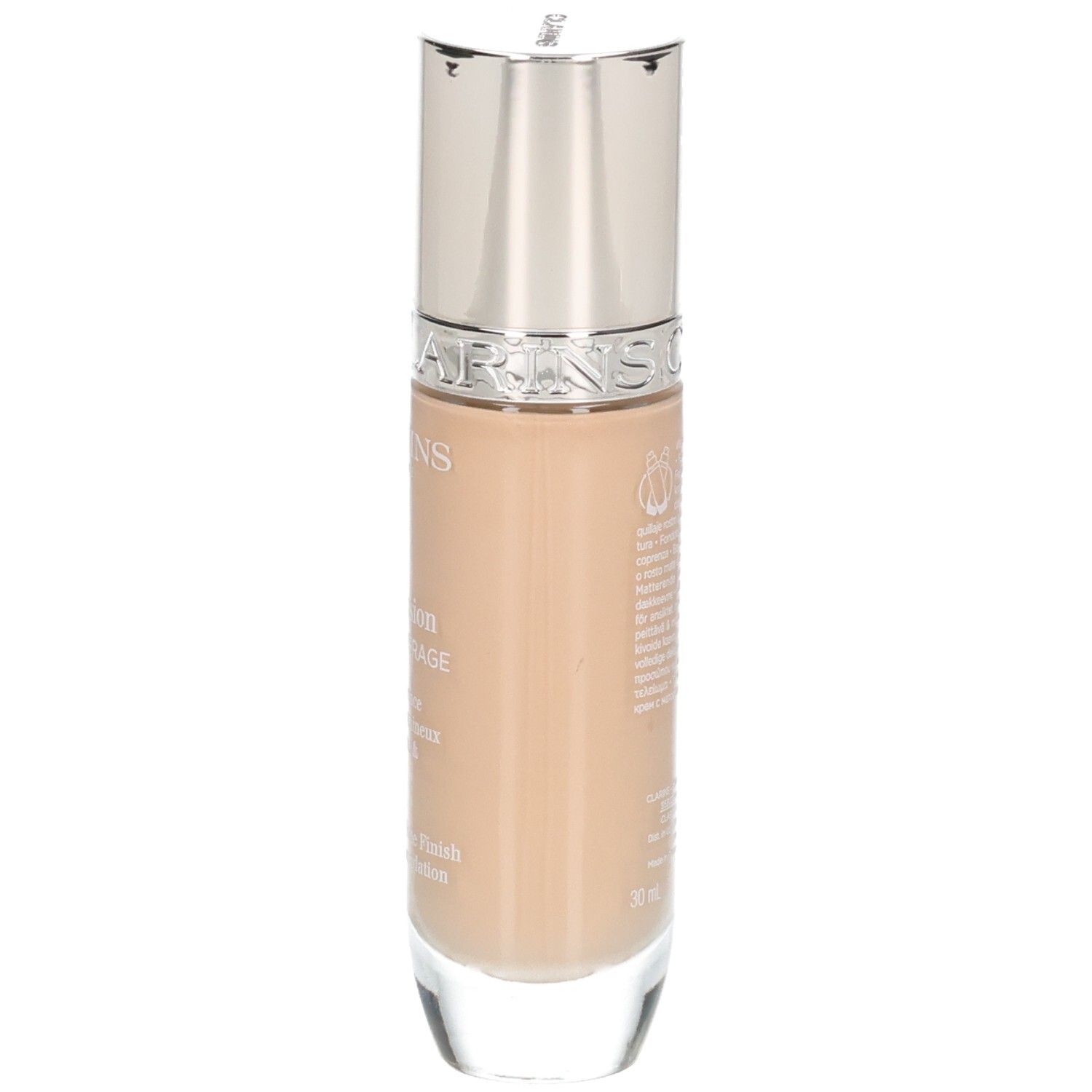 Clarins Skin Illusion Full Coverage fond de teint, vue latérale du flacon en verre avec bouchon argenté.