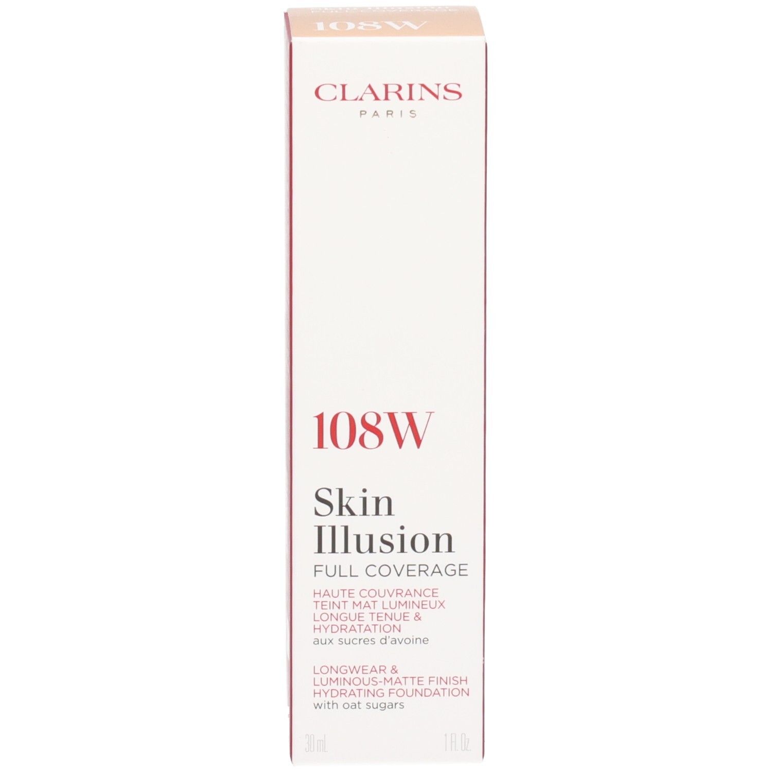 Emballage Clarins Skin Illusion Full Coverage fond de teint avec code couleur 108W.