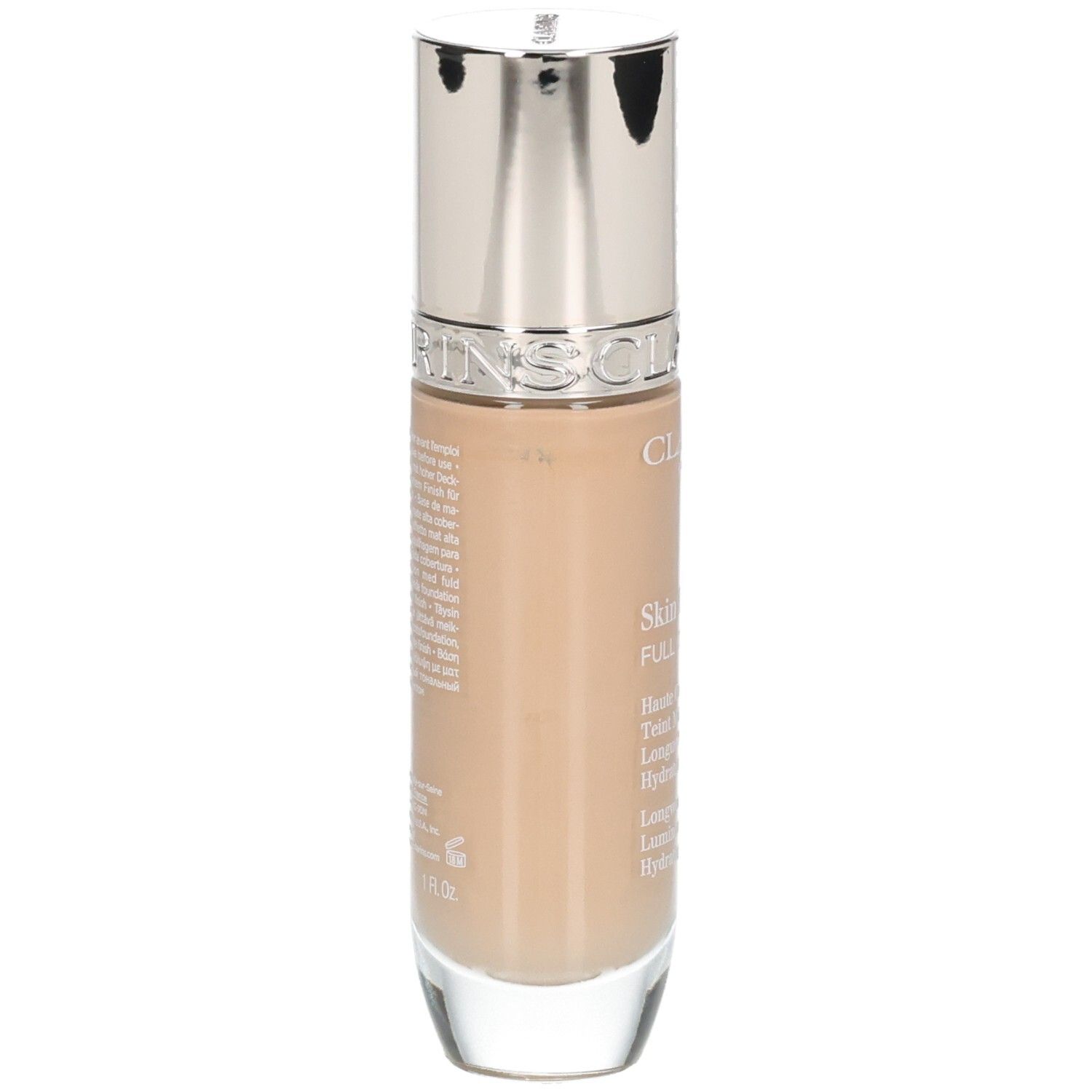Fond de teint Clarins Skin Illusion Full Coverage, arrière du flacon en verre avec pompe.