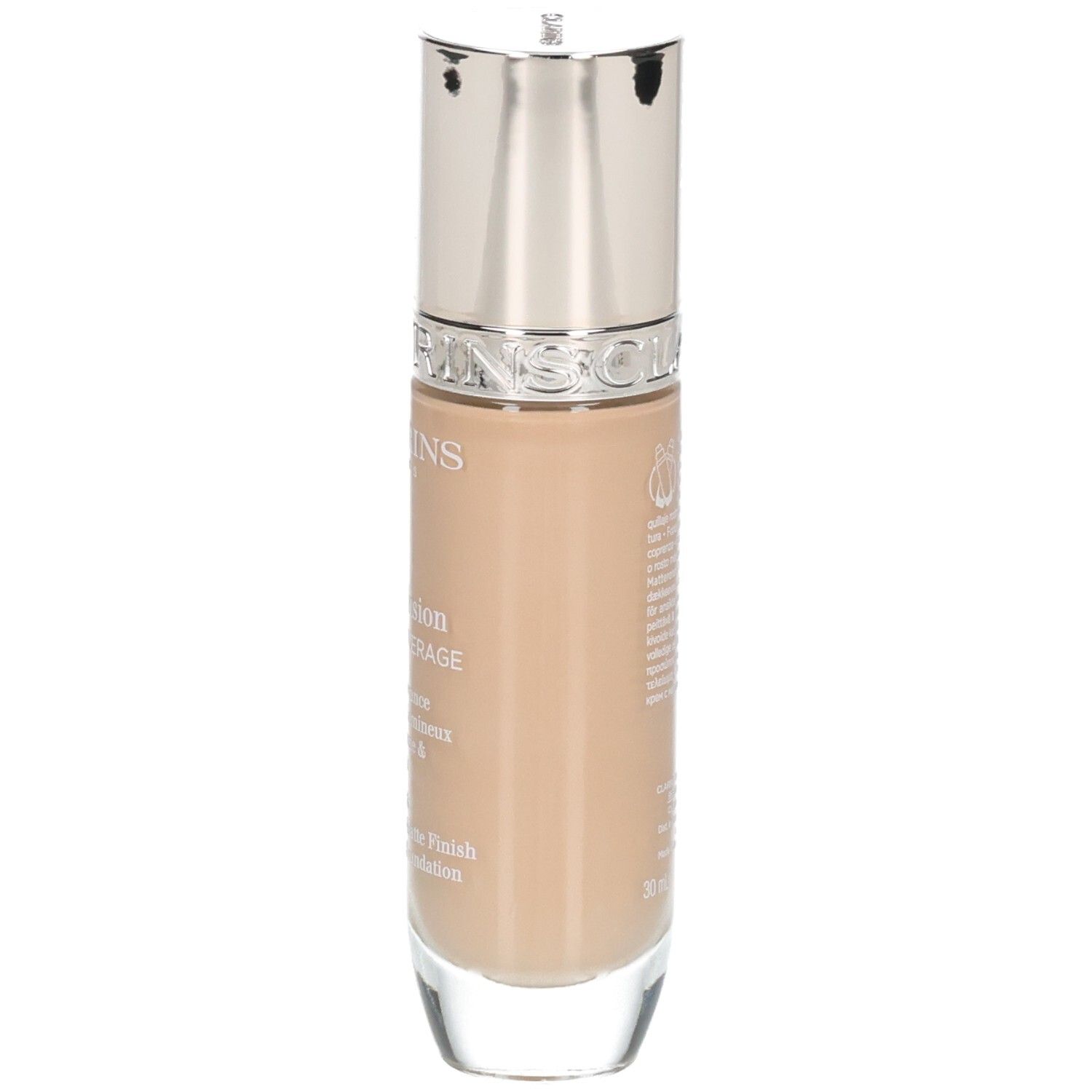Fond de teint Clarins Skin Illusion Full Coverage, vue latérale du flacon en verre avec pompe.
