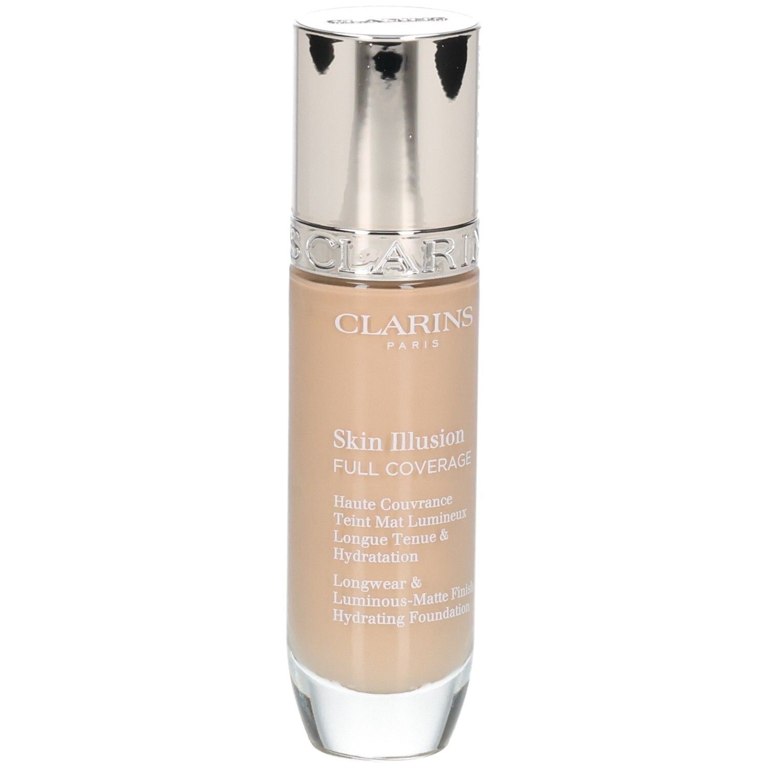 Fond de teint Clarins Skin Illusion Full Coverage, flacon en verre avec pompe, légèrement incliné.
