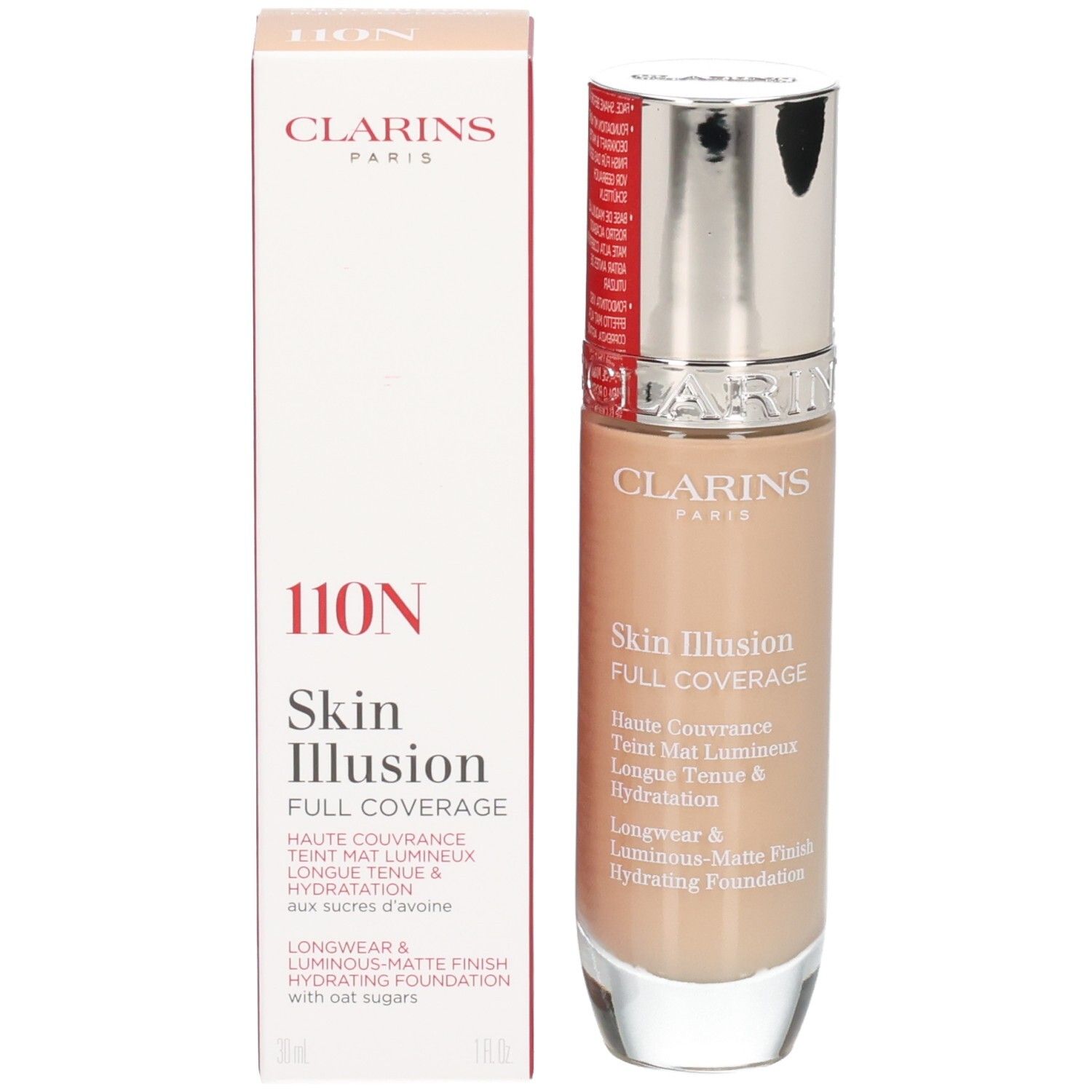 Fond de teint Clarins Skin Illusion Full Coverage et sa boîte, vue de face.