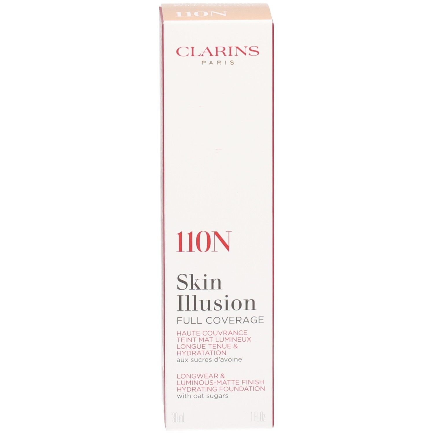 Boîte de fond de teint Clarins Skin Illusion Full Coverage, face avant avec informations produit.