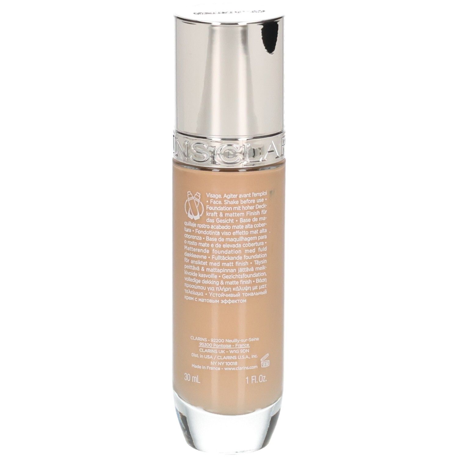 Fond de teint Clarins Skin Illusion Full Coverage, teinte 112.3N, arrière du flacon de verre avec bouchon argenté et informations.
