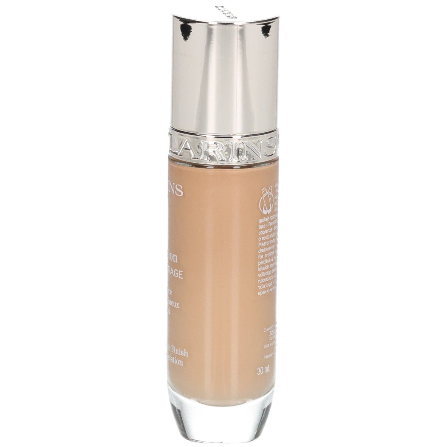 Fond de teint Clarins Skin Illusion Full Coverage, teinte 112.3N, vue latérale du flacon de verre avec bouchon argenté.