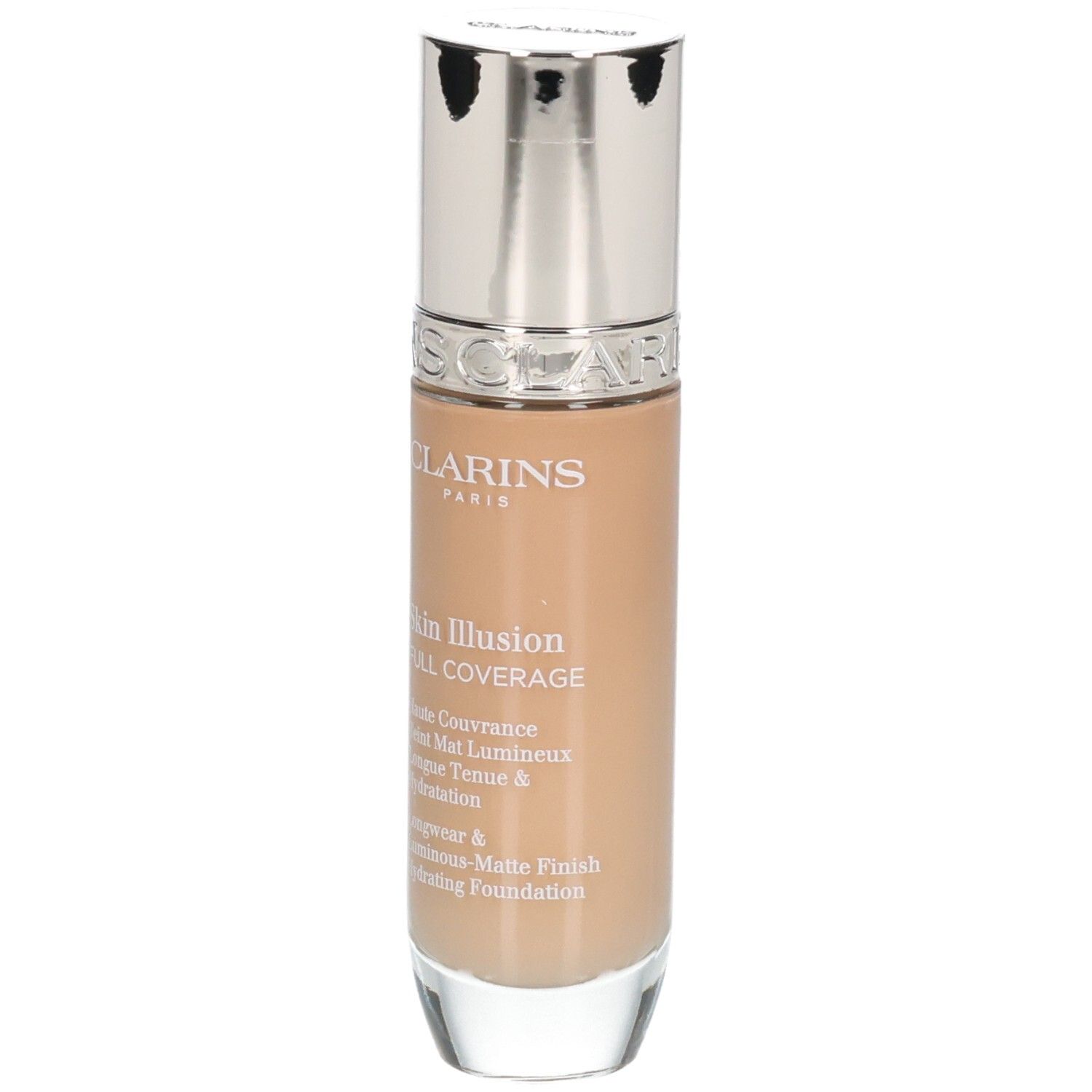Fond de teint Clarins Skin Illusion Full Coverage, teinte 112.3N, flacon de verre avec bouchon argenté.