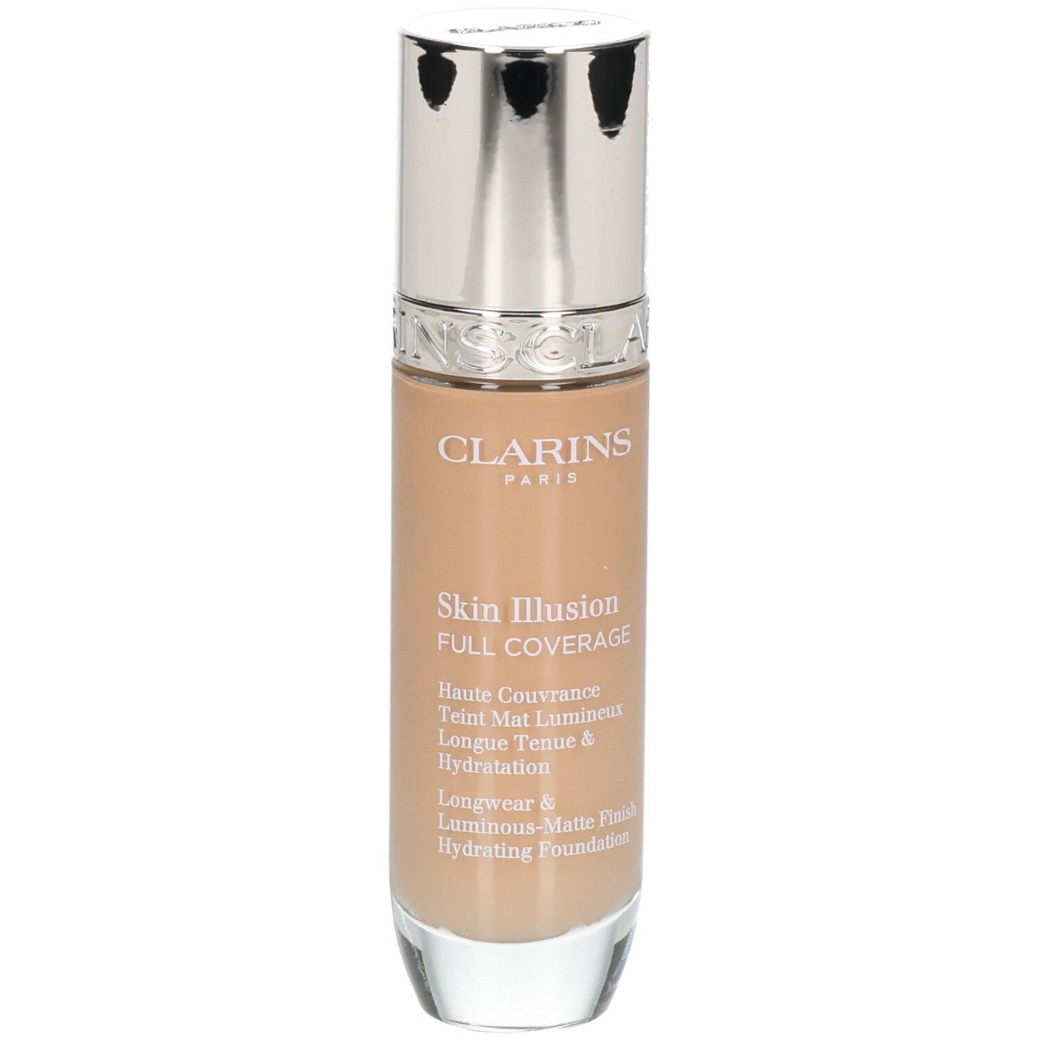 Fond de teint Clarins Skin Illusion Full Coverage, teinte 112.3N, flacon de verre avec bouchon argenté.