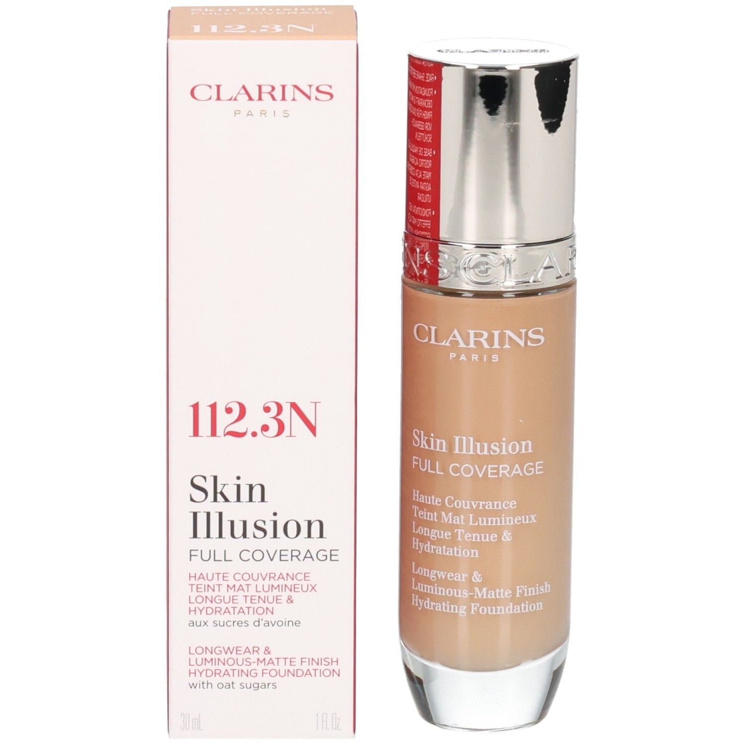 Fond de teint Clarins Skin Illusion Full Coverage, teinte 112.3N, avec boîte.