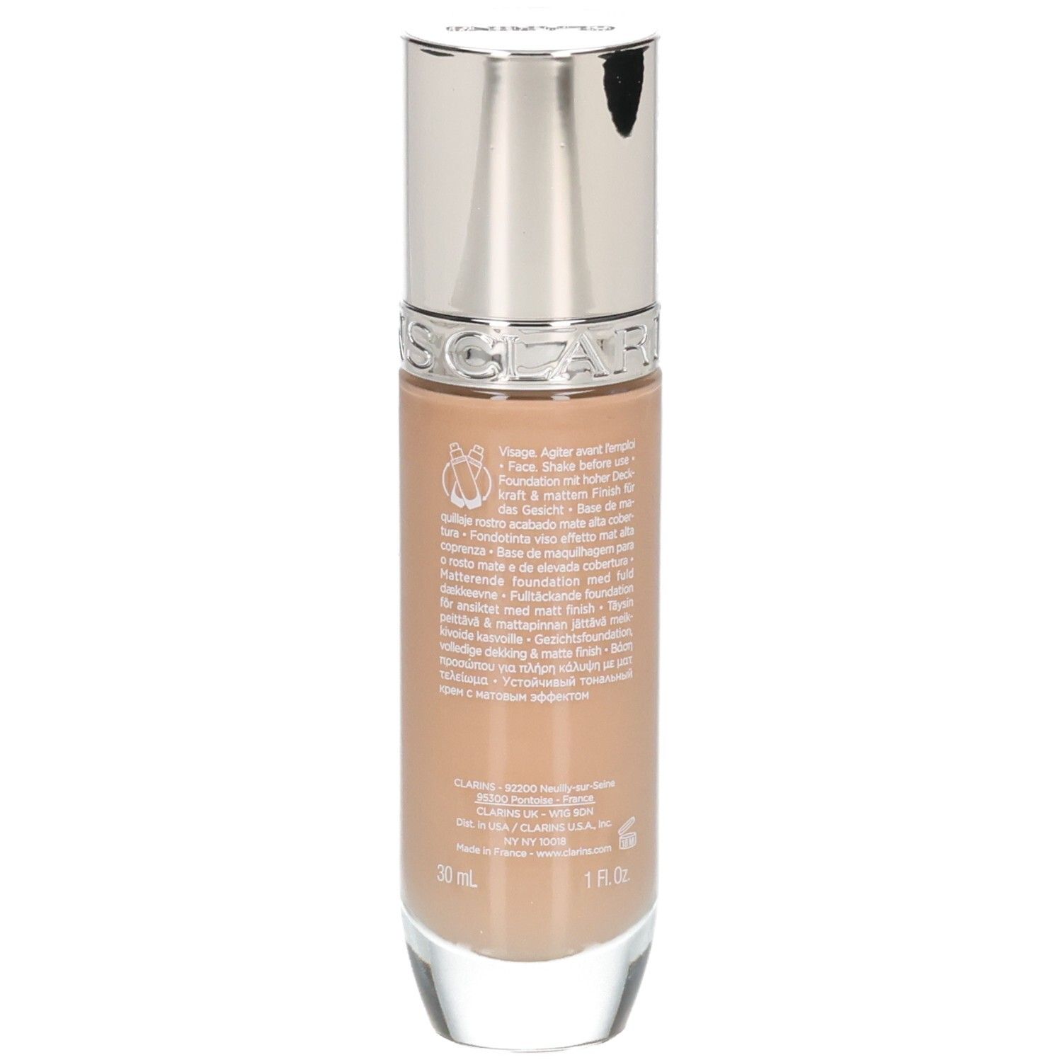 Clarins Skin Illusion Full Coverage Fond de teint, vue latérale du flacon avec détails.