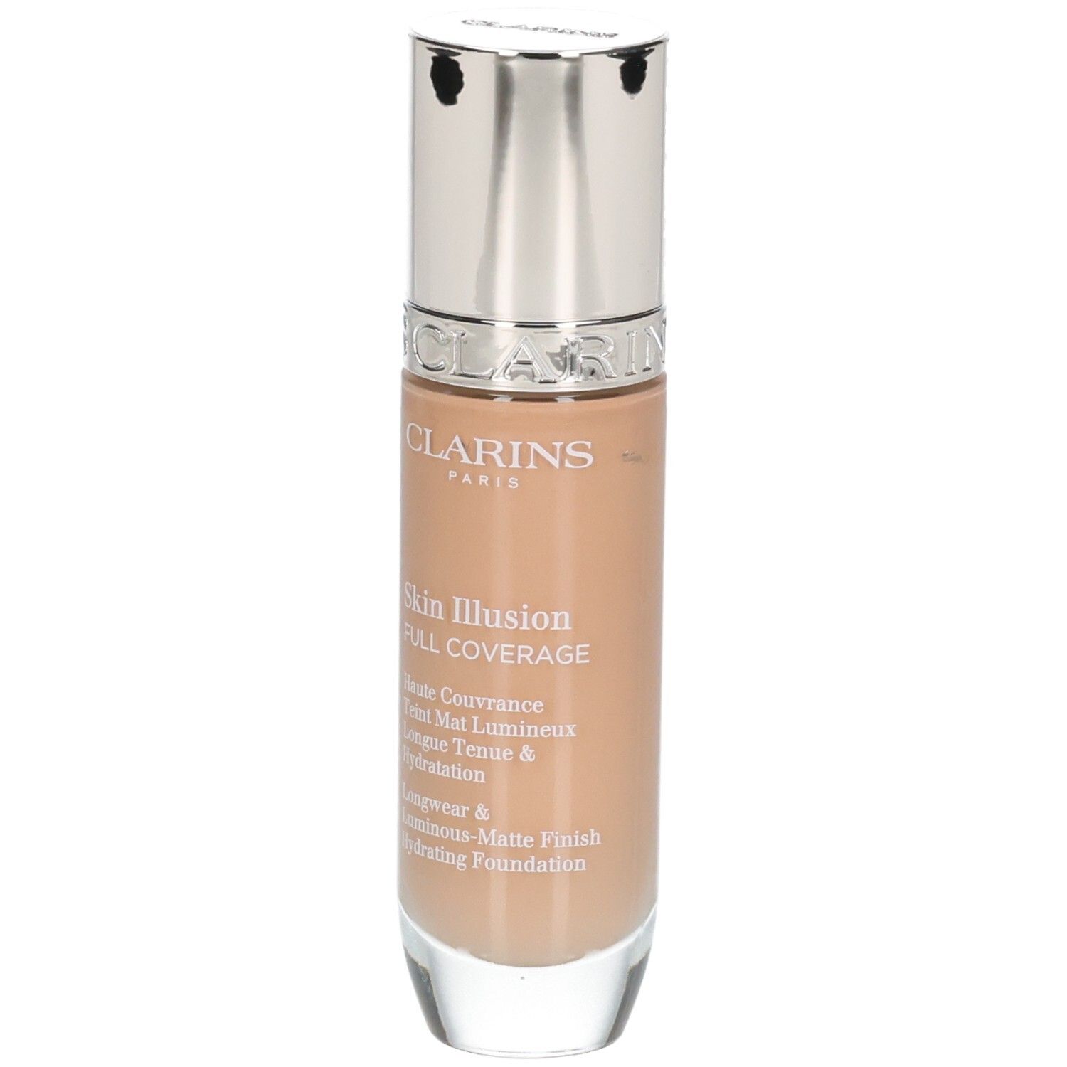 Clarins Skin Illusion Full Coverage Fond de teint, flacon avec distributeur argenté.