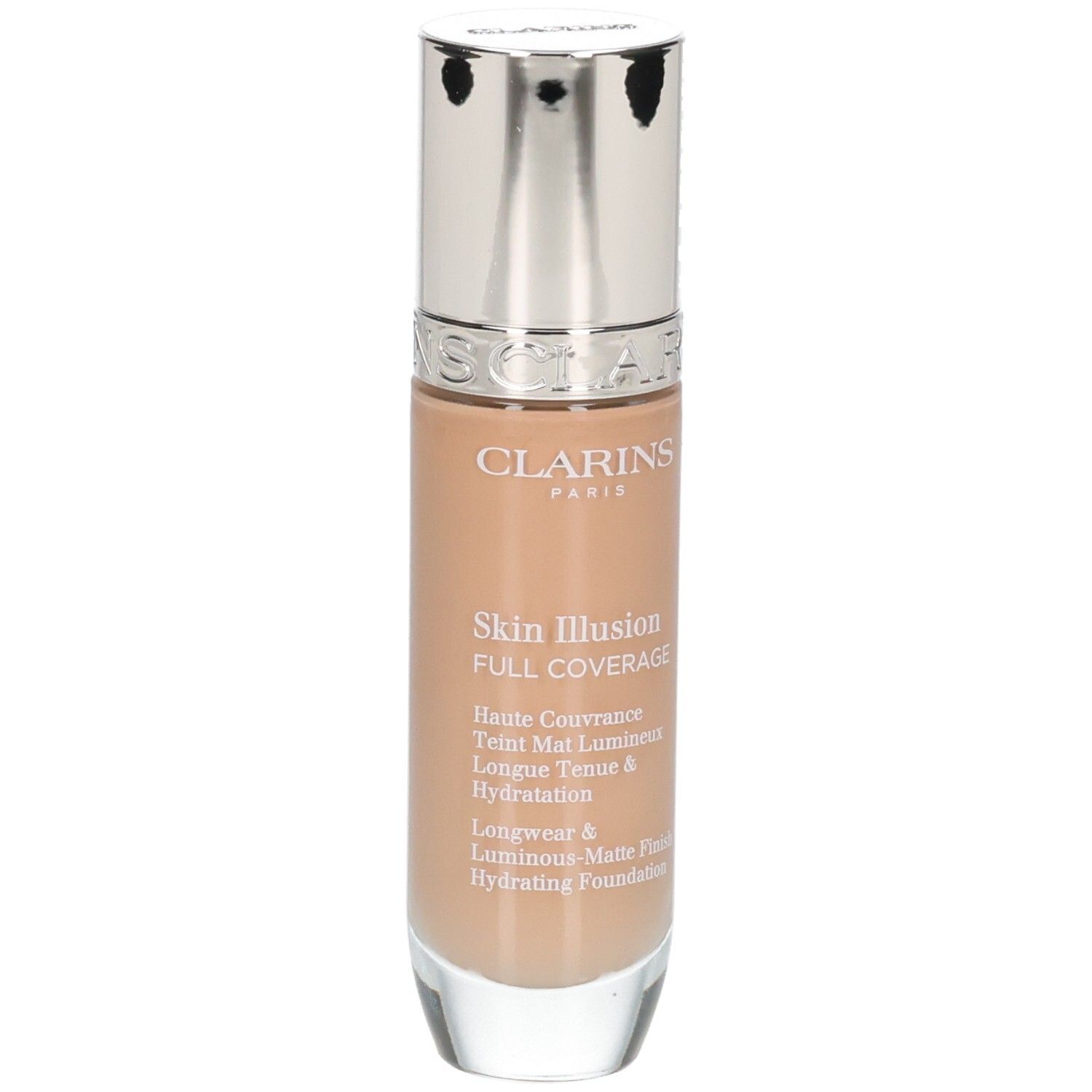 Clarins Skin Illusion Full Coverage Fond de teint, flacon avec distributeur argenté.