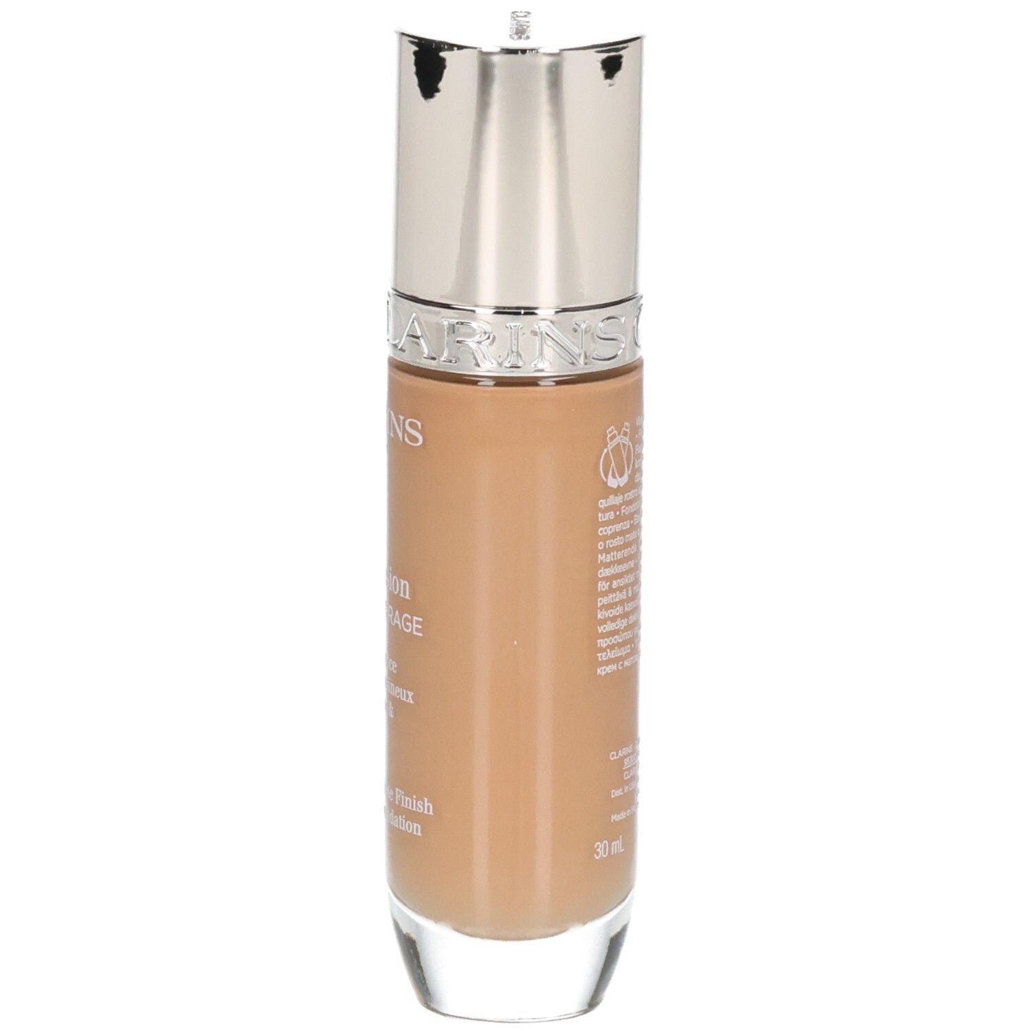 Fond de teint Clarins Skin Illusion Full Coverage, vue latérale du flacon avec texte produit.