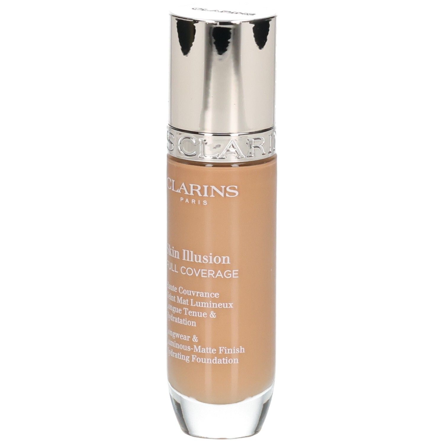 Fond de teint Clarins Skin Illusion Full Coverage teinte 113C en flacon verre avec bouchon argenté.