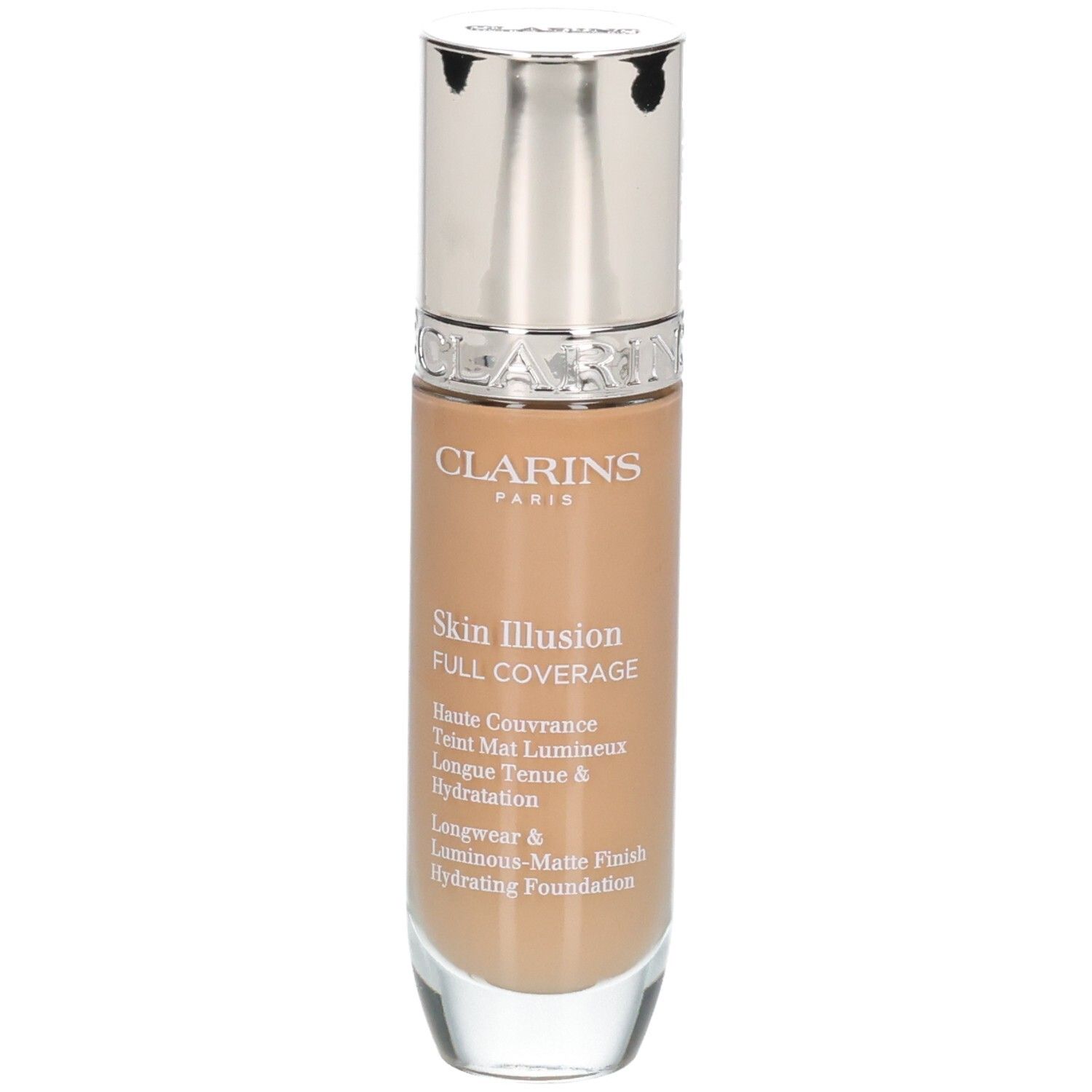 Fond de teint Clarins Skin Illusion Full Coverage, teinte 114N, en flacon.