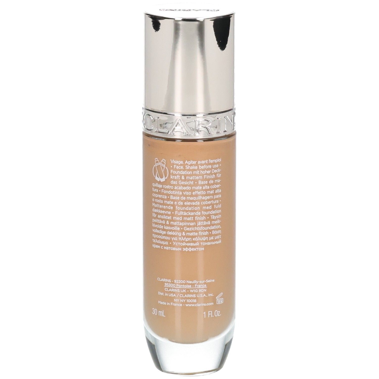 Fond de teint Clarins Skin Illusion Full Coverage, arrière du flacon avec texte, teinte 114N.