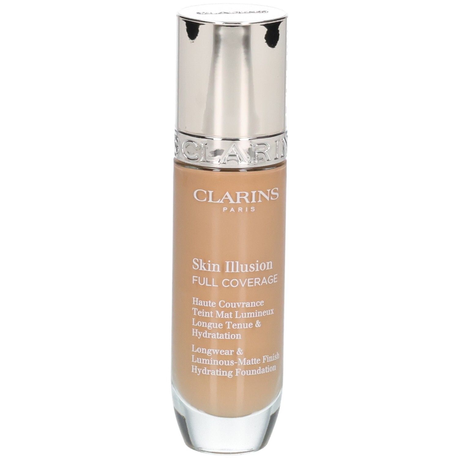 Fond de teint Clarins Skin Illusion Full Coverage, teinte 114N, en flacon.