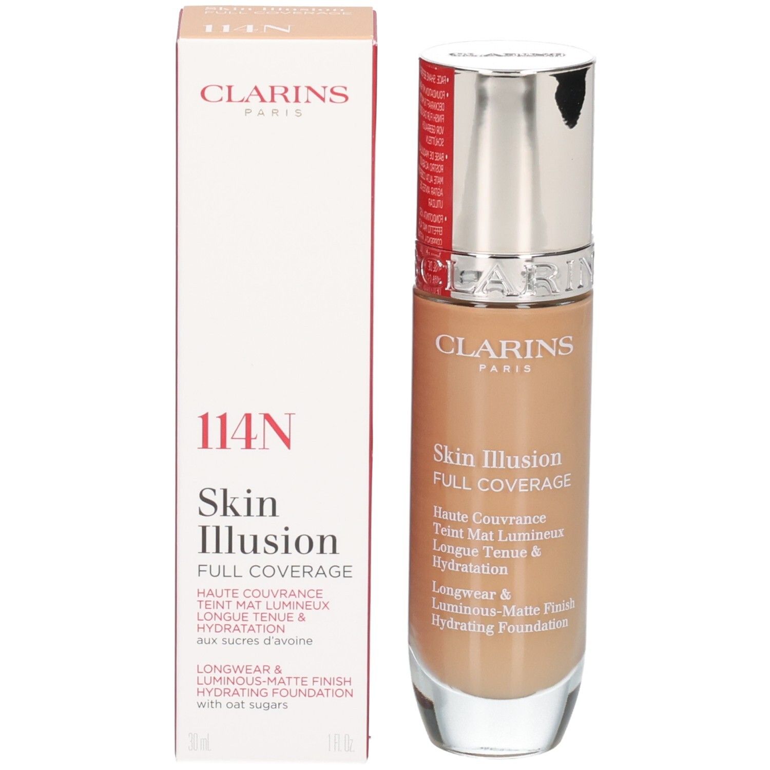 Fond de teint Clarins Skin Illusion Full Coverage 114N et son emballage.