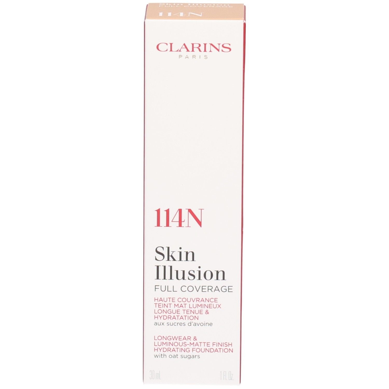 Emballage du fond de teint Clarins Skin Illusion Full Coverage, teinte 114N.