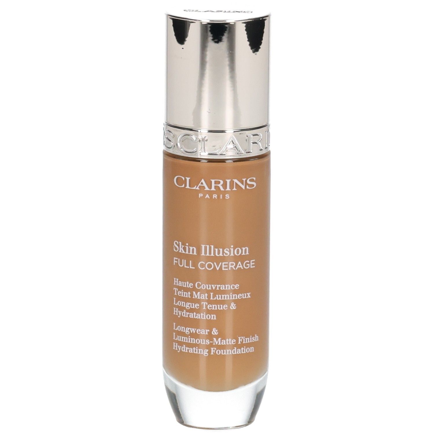 Fond de teint Clarins Skin Illusion Full Coverage 116.5W. Flacon avec bouchon argenté.