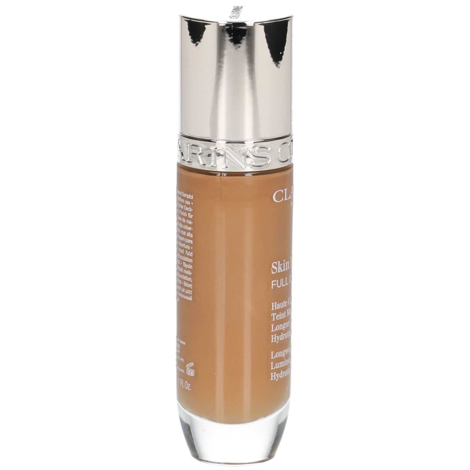 Fond de teint Clarins Skin Illusion Full Coverage 116.5W. Vue latérale du flacon avec bouchon argenté.