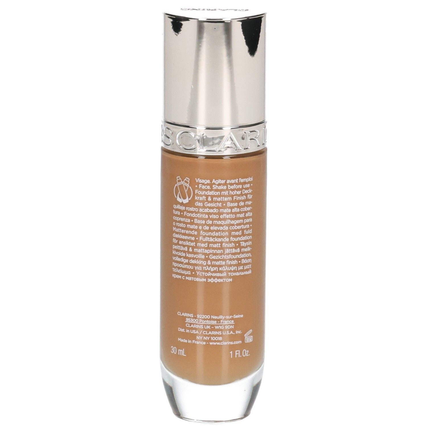 Fond de teint Clarins Skin Illusion Full Coverage 116.5W. Arrière du flacon avec informations produit et mention 30ml.