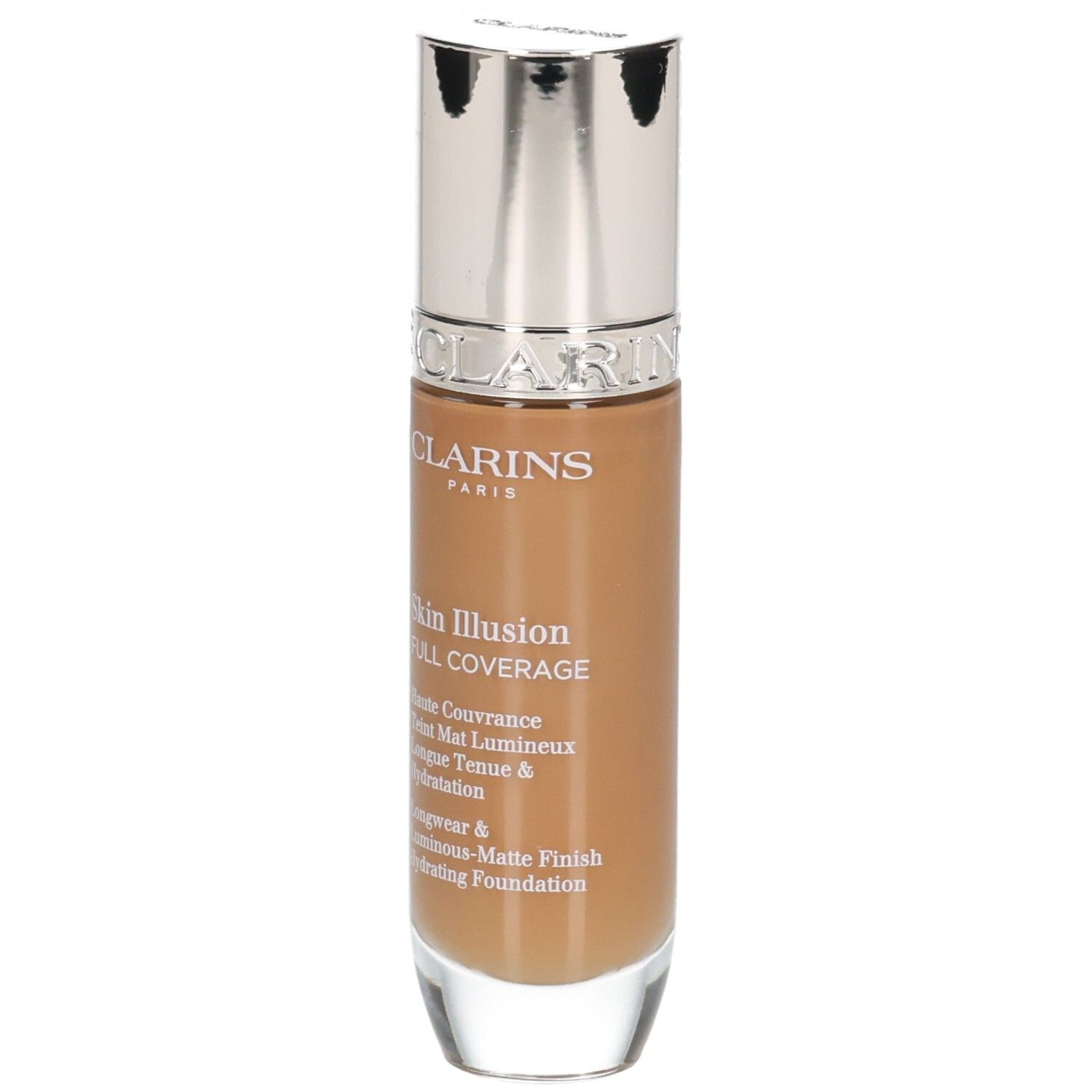 Fond de teint Clarins Skin Illusion Full Coverage 116.5W. Flacon avec bouchon argenté, vue de face.