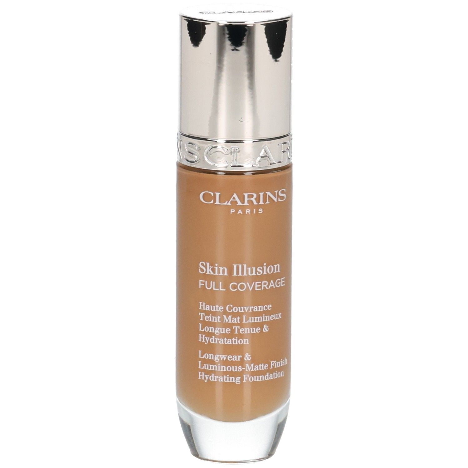 Fond de teint Clarins Skin Illusion Full Coverage 116.5W. Flacon avec bouchon argenté, vue de face.