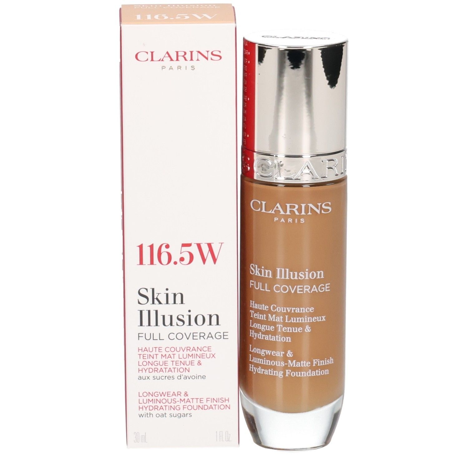 Fond de teint Clarins Skin Illusion Full Coverage 116.5W et son emballage. Flacon avec bouchon argenté.