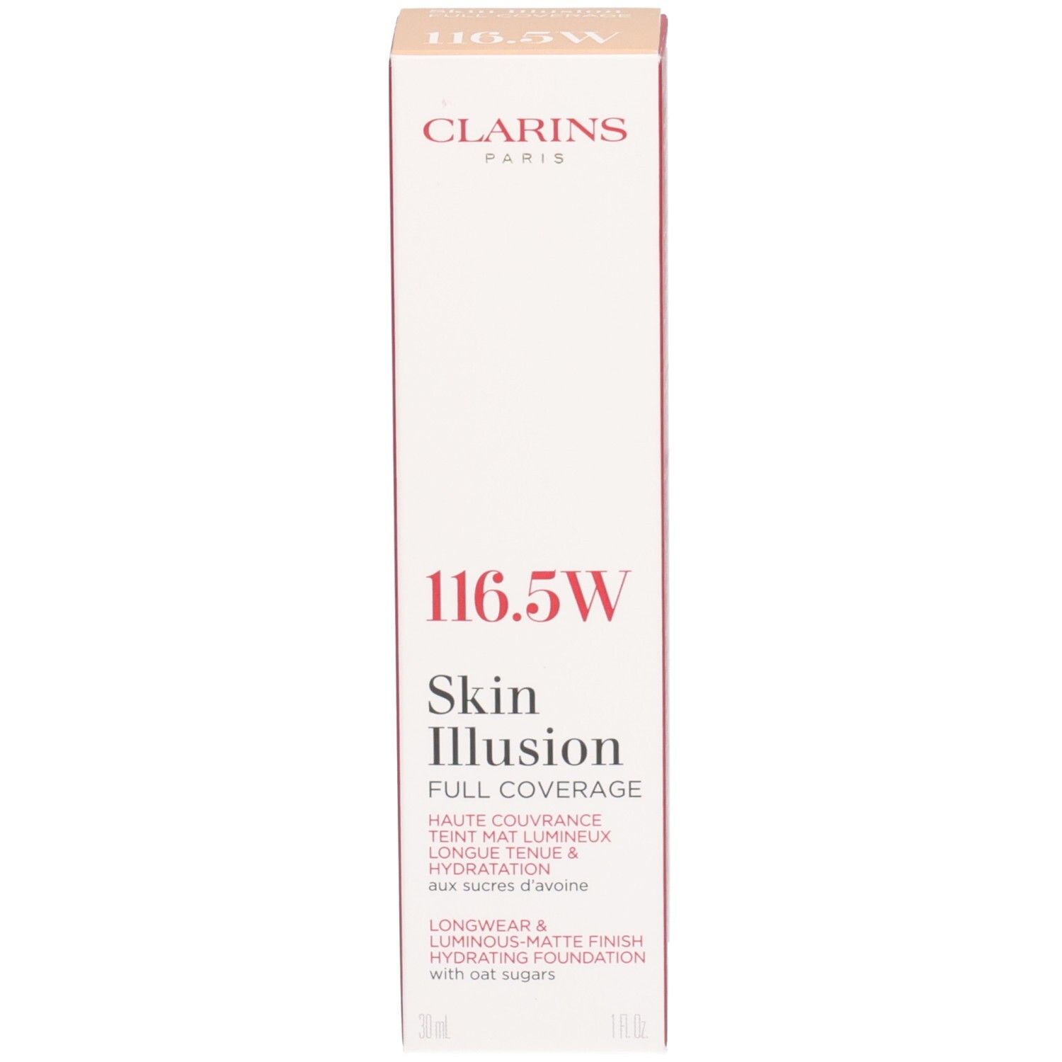 Emballage pour fond de teint Clarins Skin Illusion Full Coverage 116.5W. Boîte en carton avec informations produit.