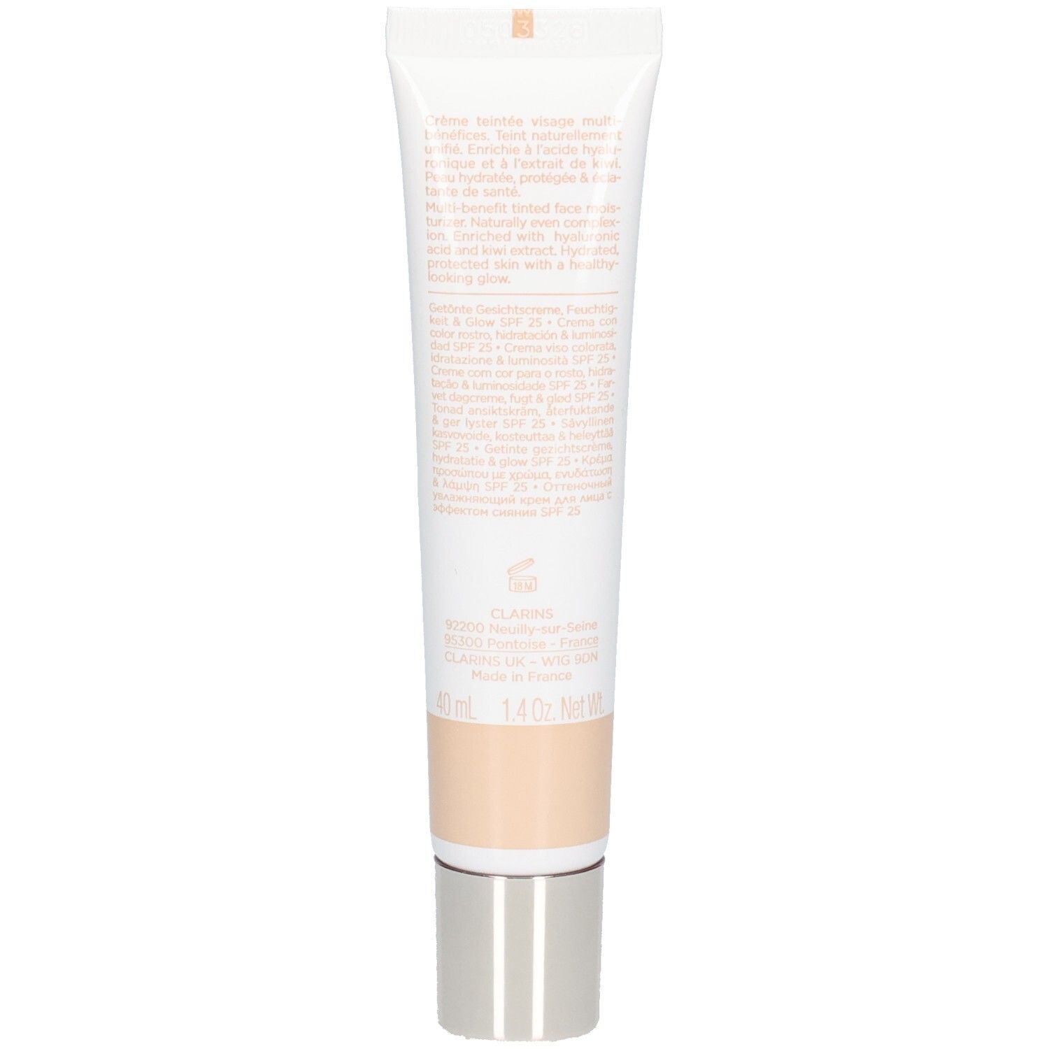 Arrière du tube de crème teintée hydratante Clarins Skin Illusion SPF 25.
