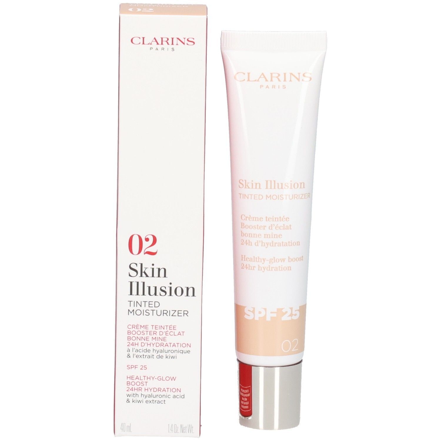 Clarins Skin Illusion crème teintée hydratante SPF 25, teinte 02, avec boîte.