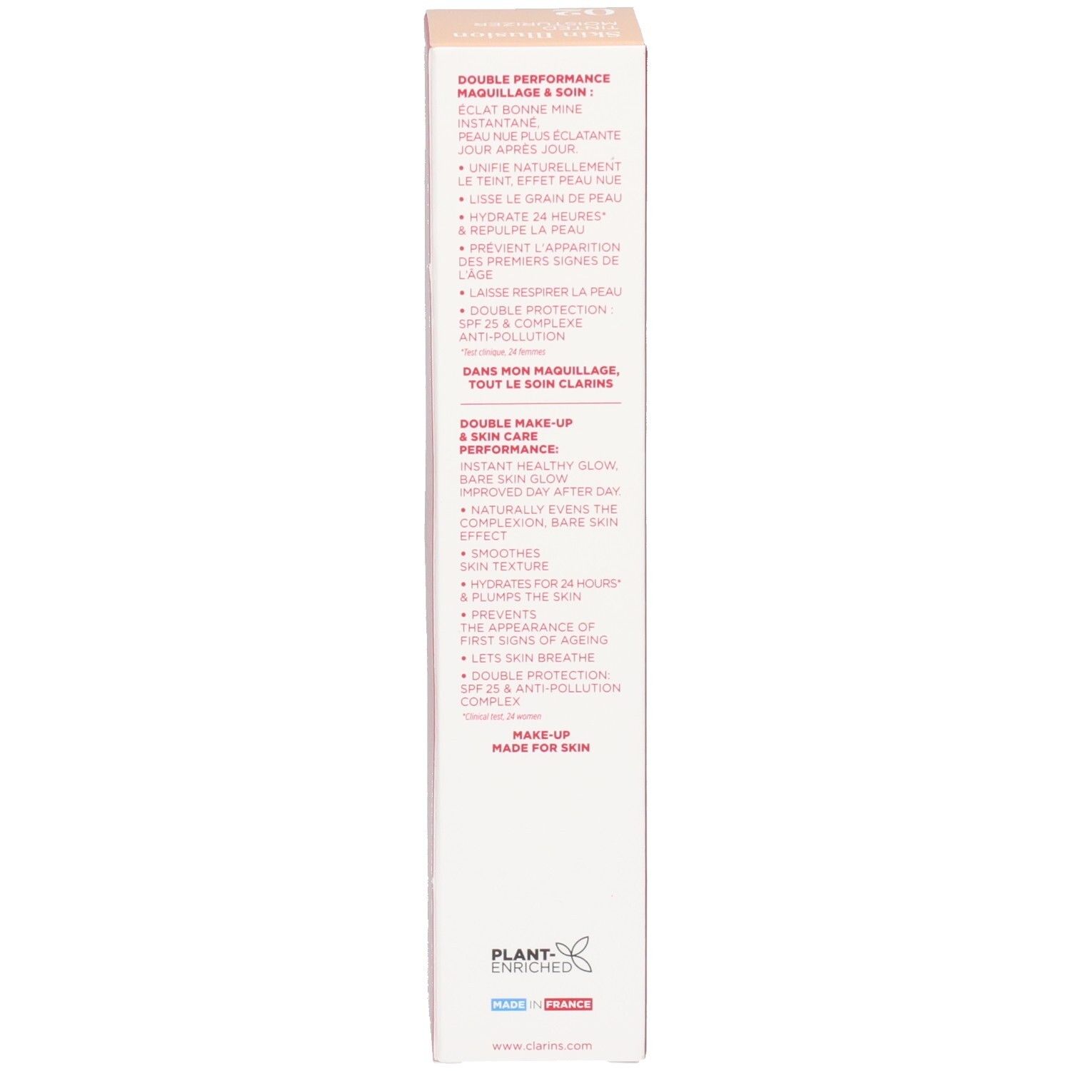 Vue latérale de la boîte Clarins Skin Illusion avec bénéfices produit.