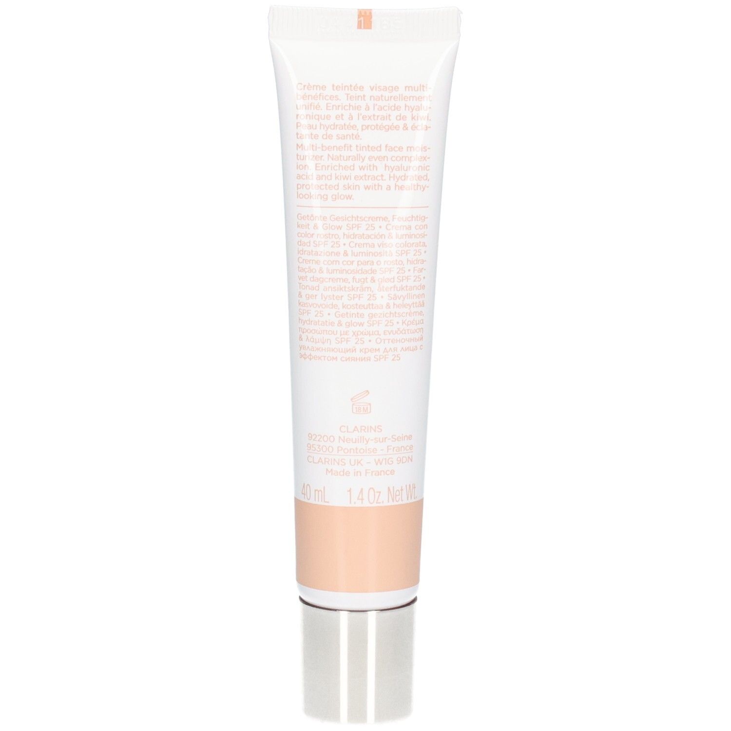 Dos du tube Clarins Skin Illusion crème teintée SPF 25 avec ingrédients et volume.