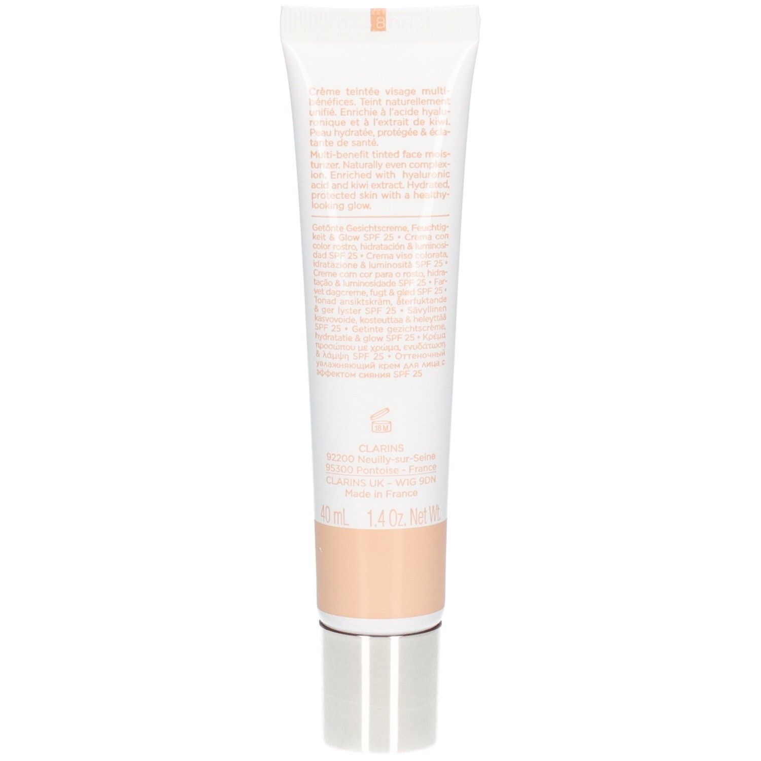 Dos de la crème teintée Clarins Skin Illusion avec liste d'ingrédients.