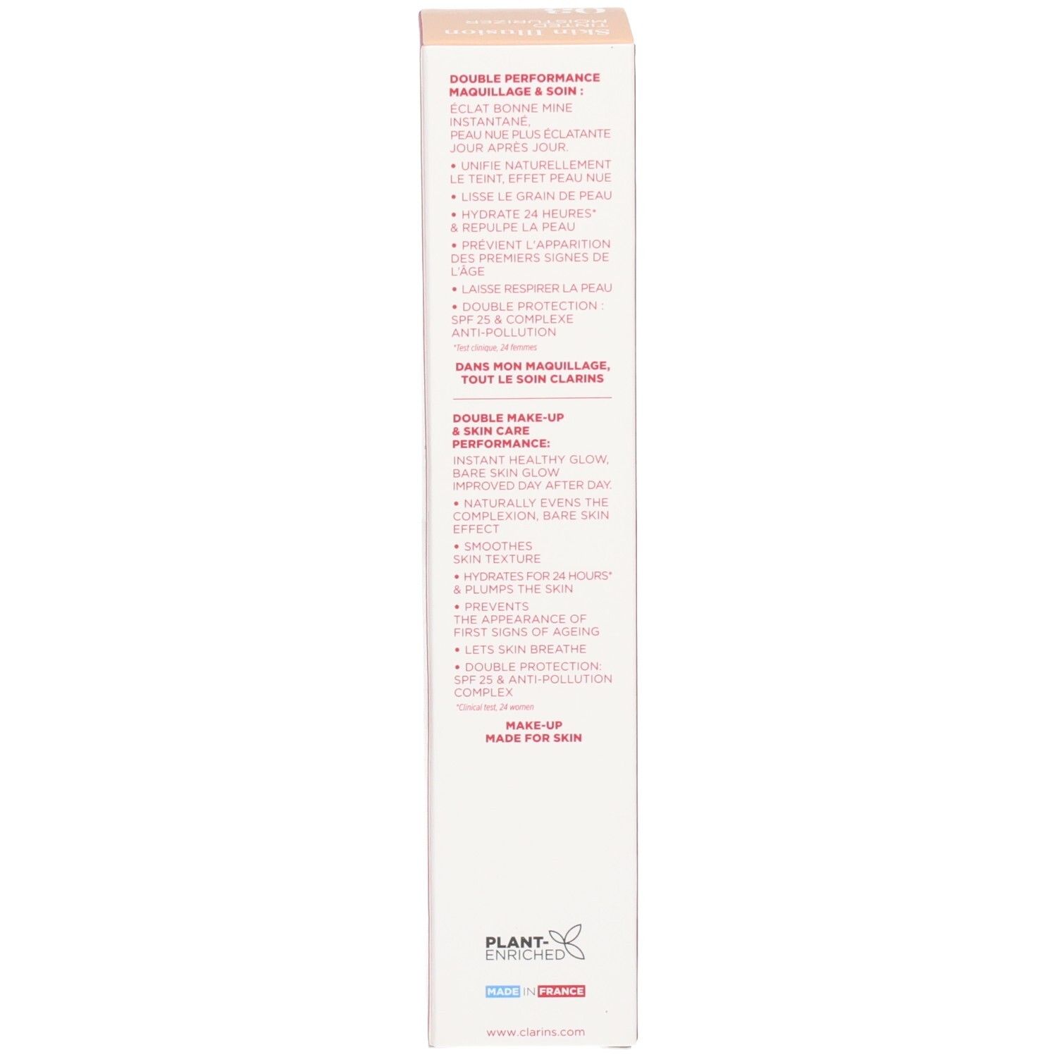 Dos de l'emballage Clarins Skin Illusion avec les bénéfices produit.