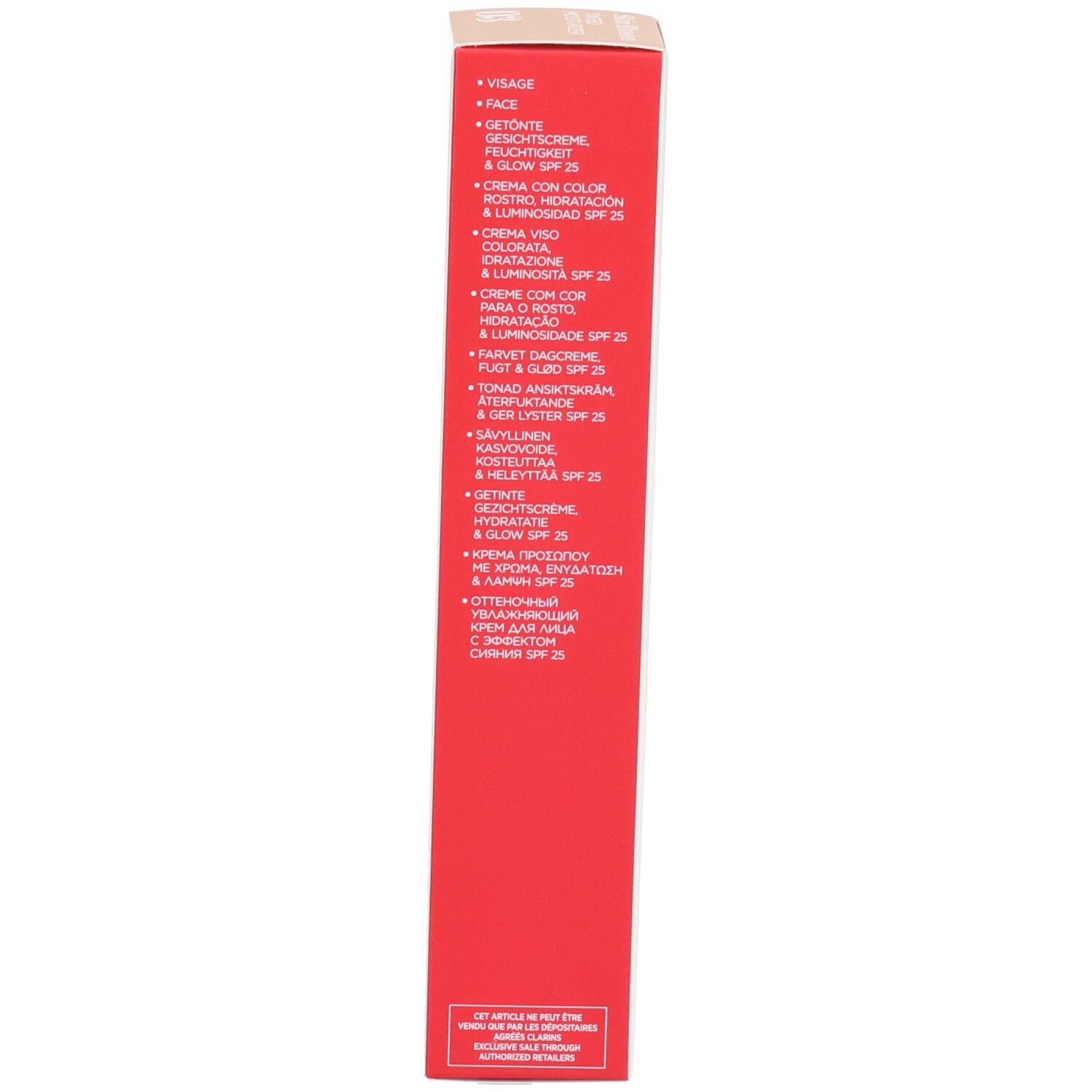 Côté de l'emballage Clarins Skin Illusion avec descriptions produit multilingues.