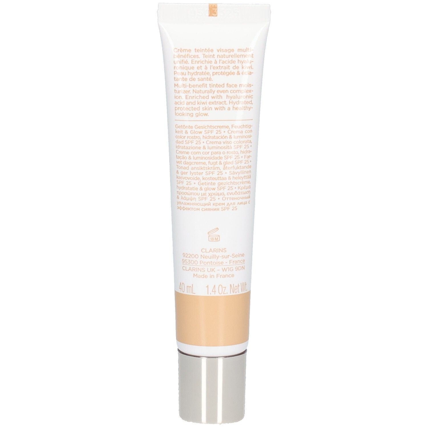 Dos de la crème teintée hydratante Clarins Skin Illusion SPF 25, 40ml.