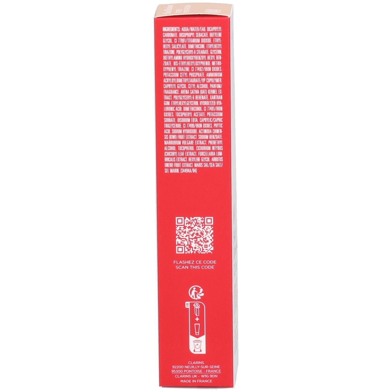 Vue latérale de la boîte de crème teintée hydratante Clarins Skin Illusion avec ingrédients.