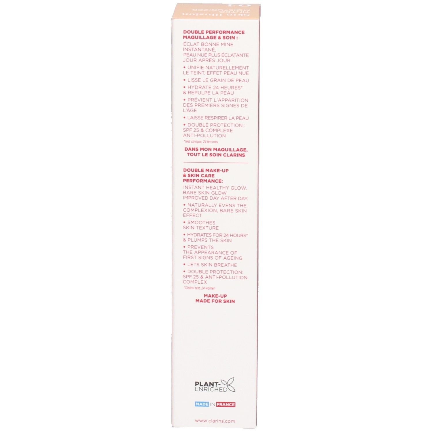 Vue latérale de la boîte de crème teintée hydratante Clarins Skin Illusion avec bénéfices produit.