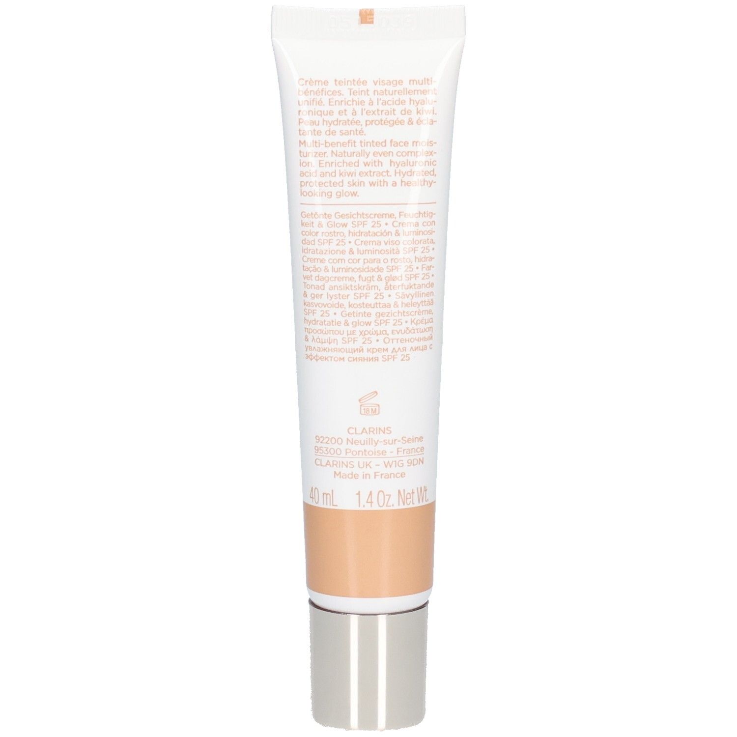 Dos de la crème teintée hydratante Clarins Skin Illusion SPF 25, 40ml.